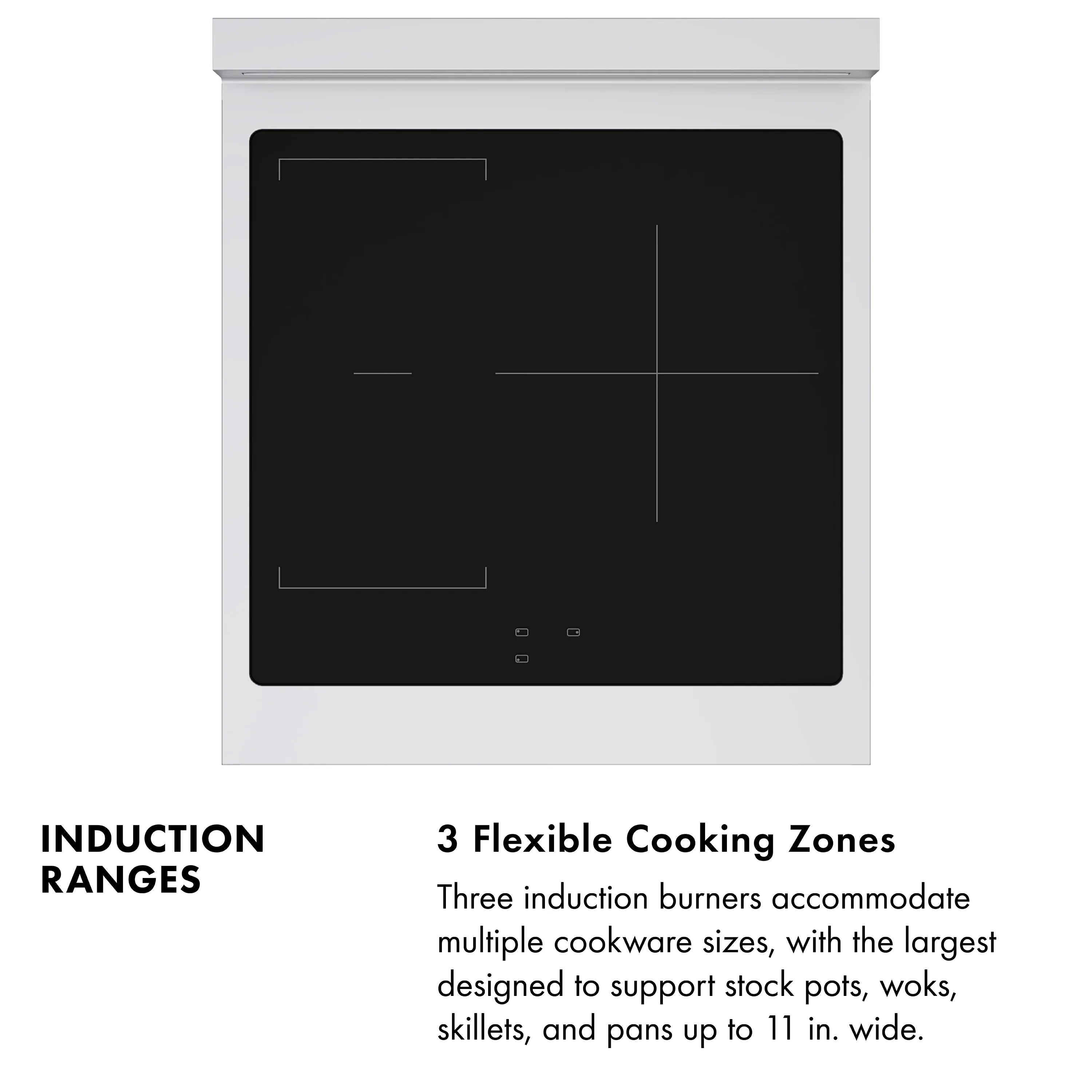 Induction cooking range with black glass cooktop and control buttons on satin stainless