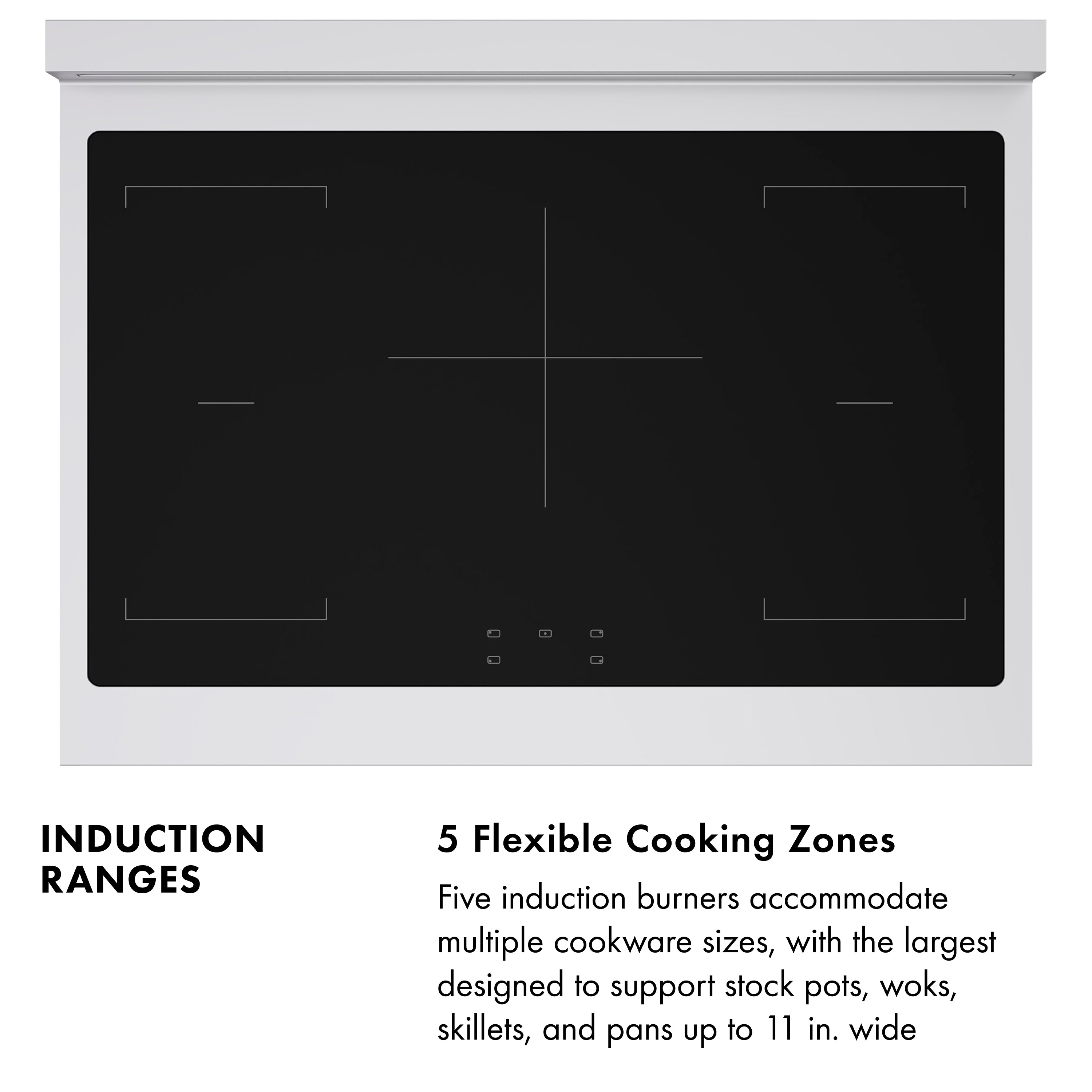 Induction cooktop with matte black glass surface and 5 flexible cooking zone layout