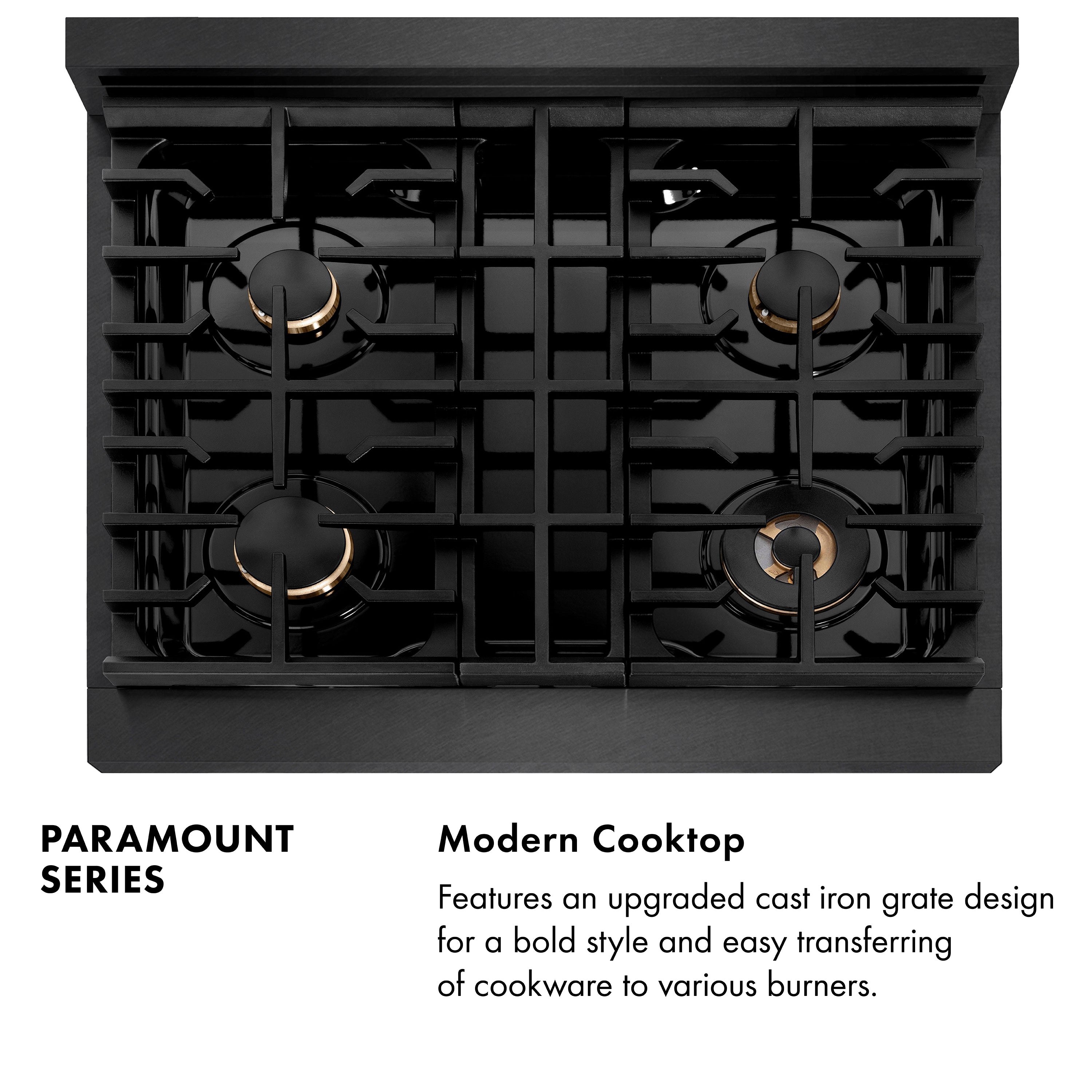 Black gas cooktop with four cast-iron grates and gold-finished burner knobs
