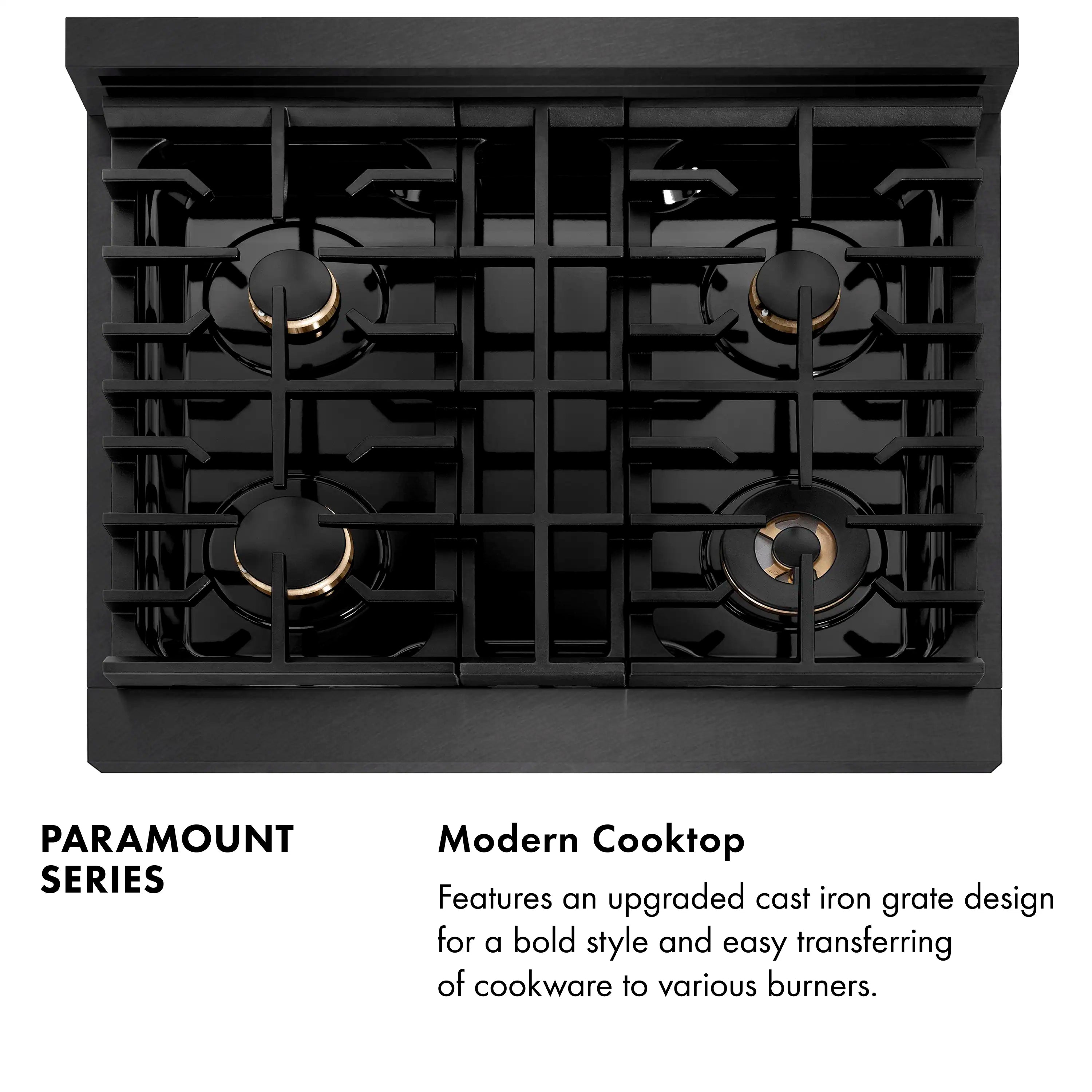 Black dual-fuel cooktop with four brass-accented burners and grates