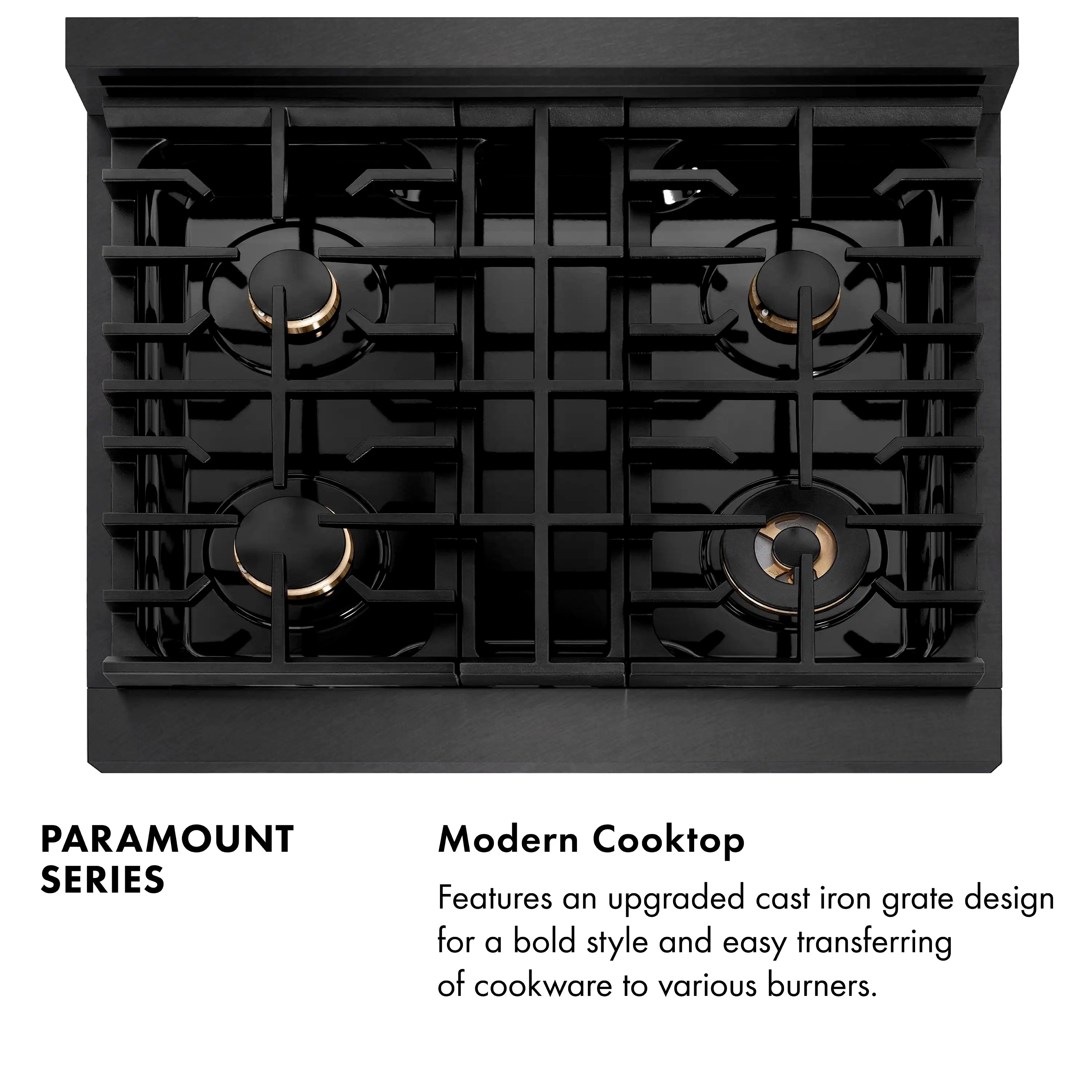 Black 4-burner gas cooktop with cast iron grates and champagne burner controls