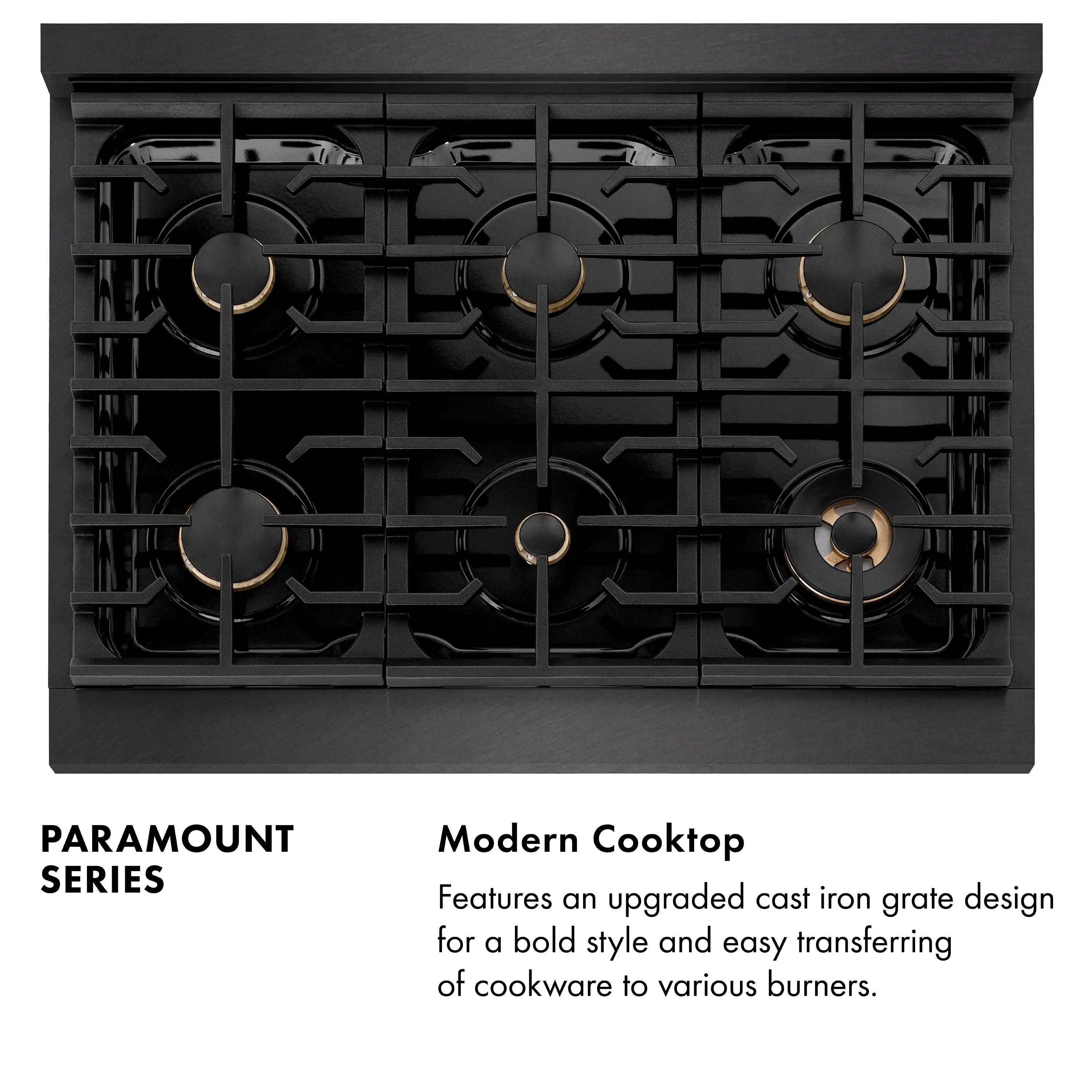 Black 6-burner gas cooktop with gold-accent burner caps and grates