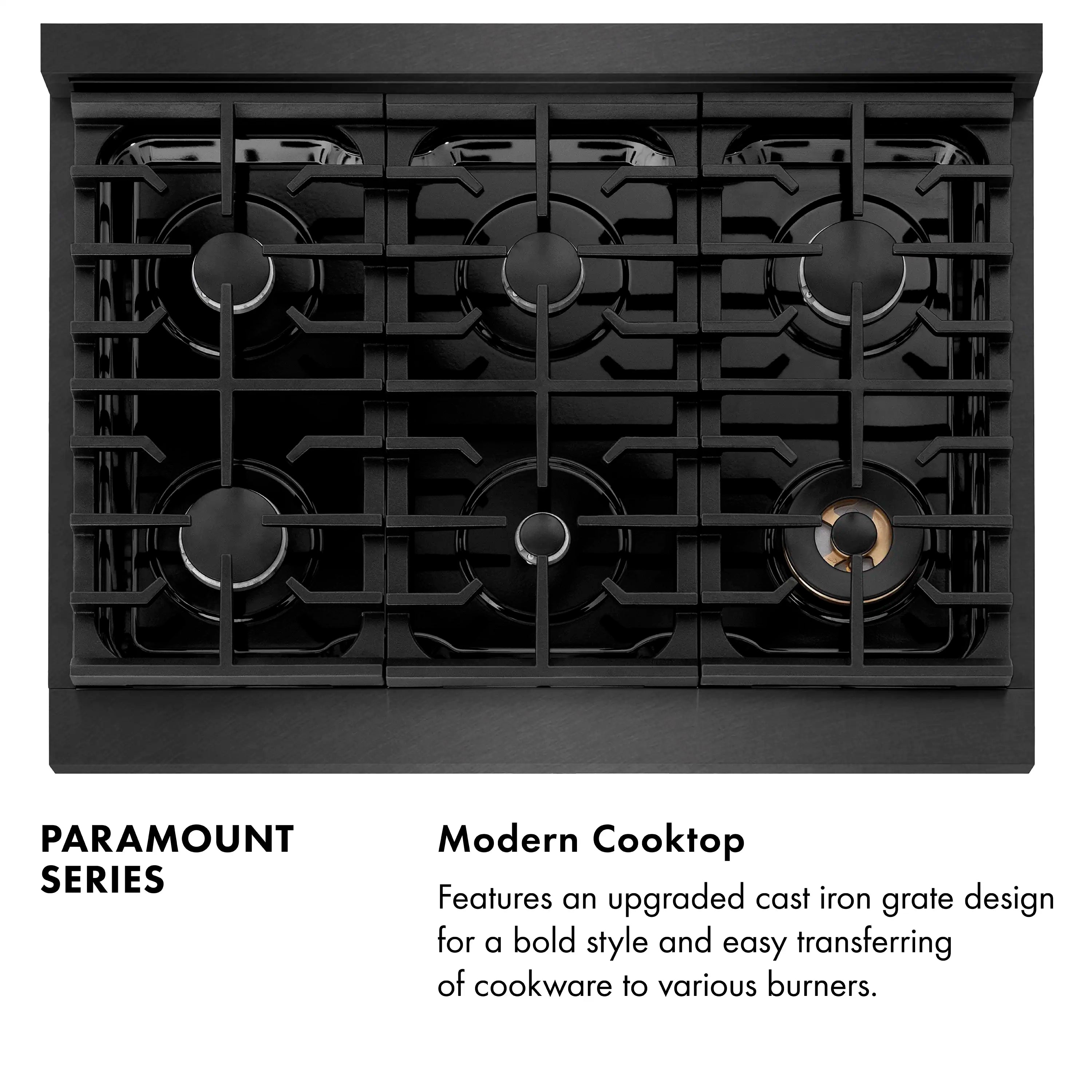 Black satin dual fuel range cooktop with modern cast-iron grate design