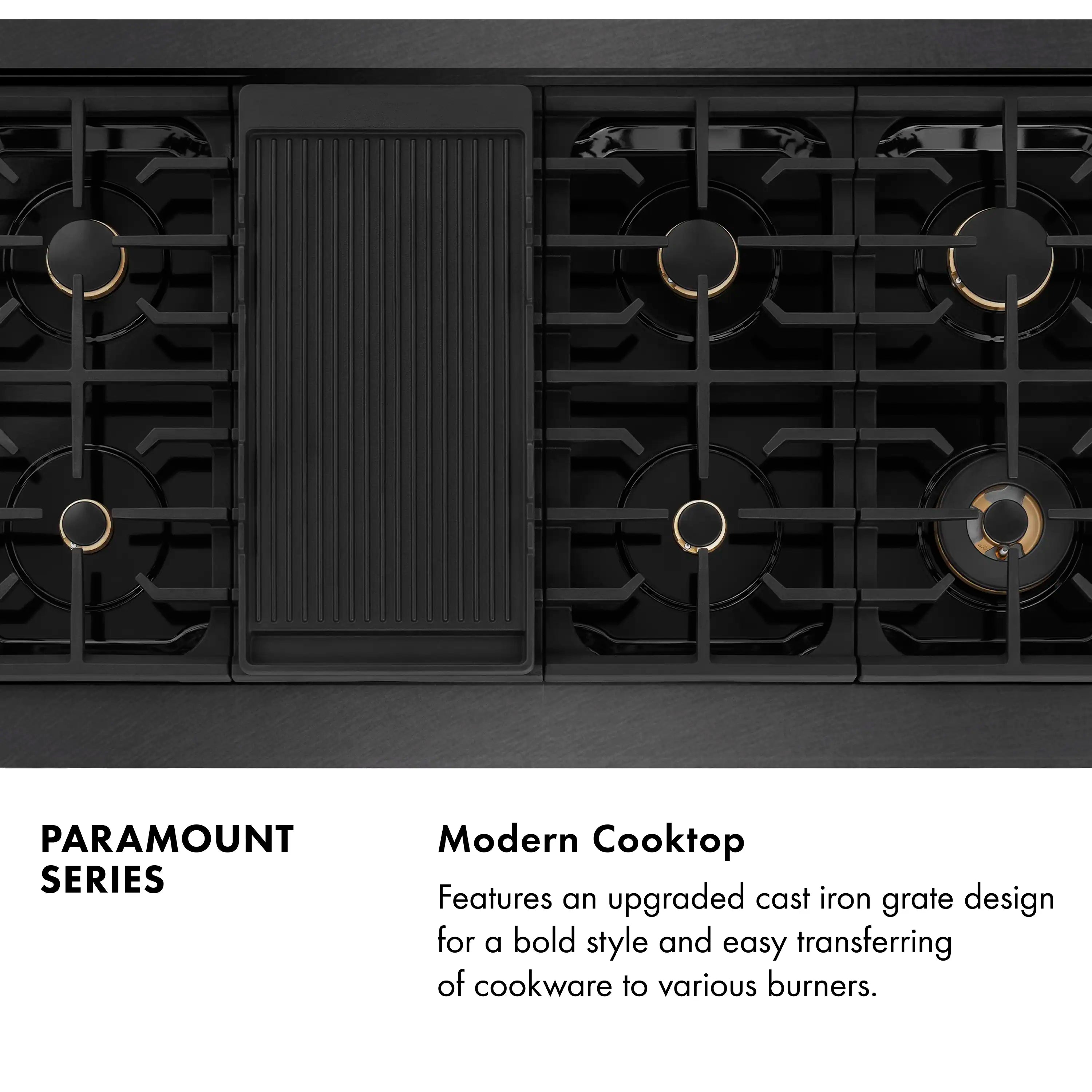 Black gas cooktop with grates and champagne-accented burner rings