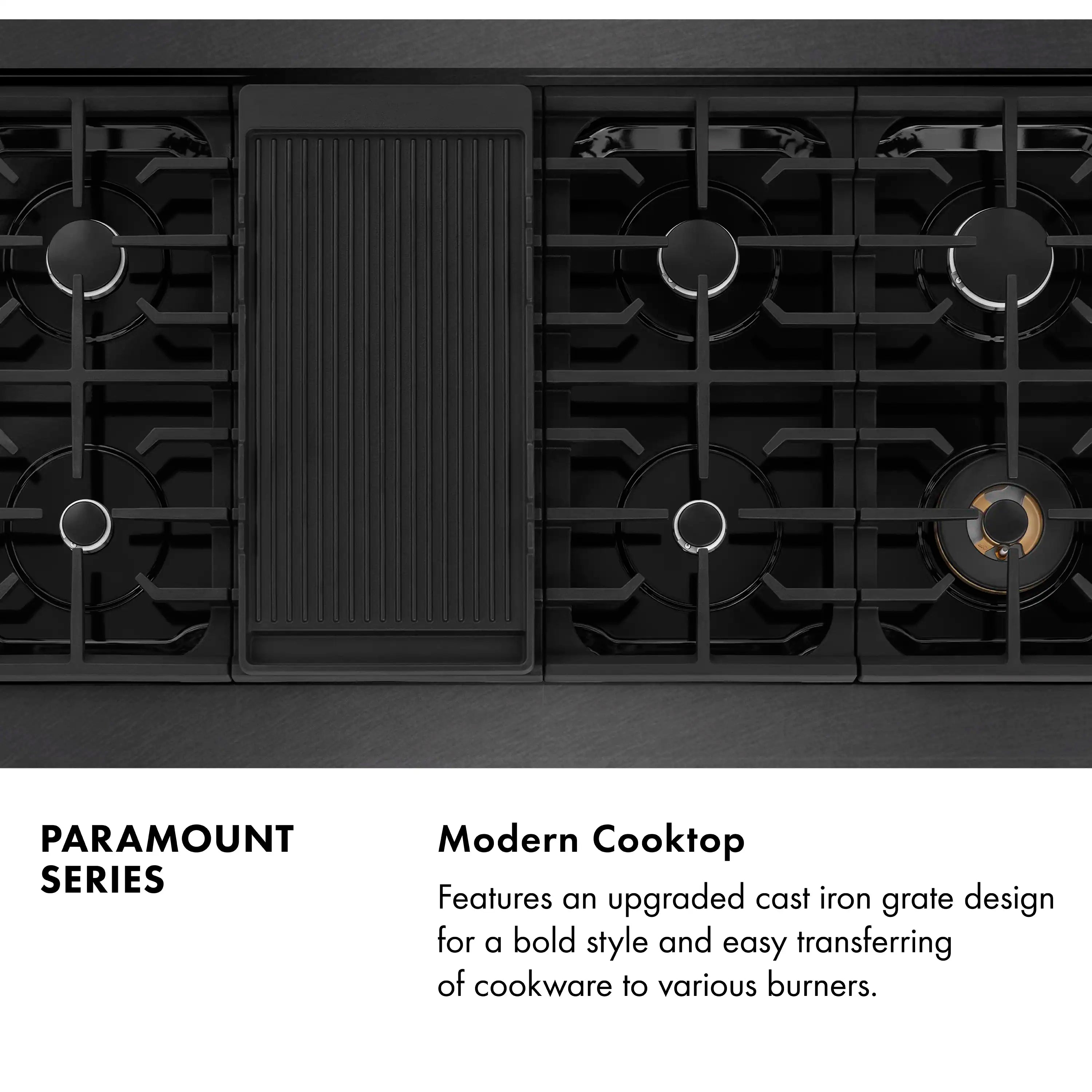 Black gas cooktop with cast-iron grates and center control panel on a dual oven range.