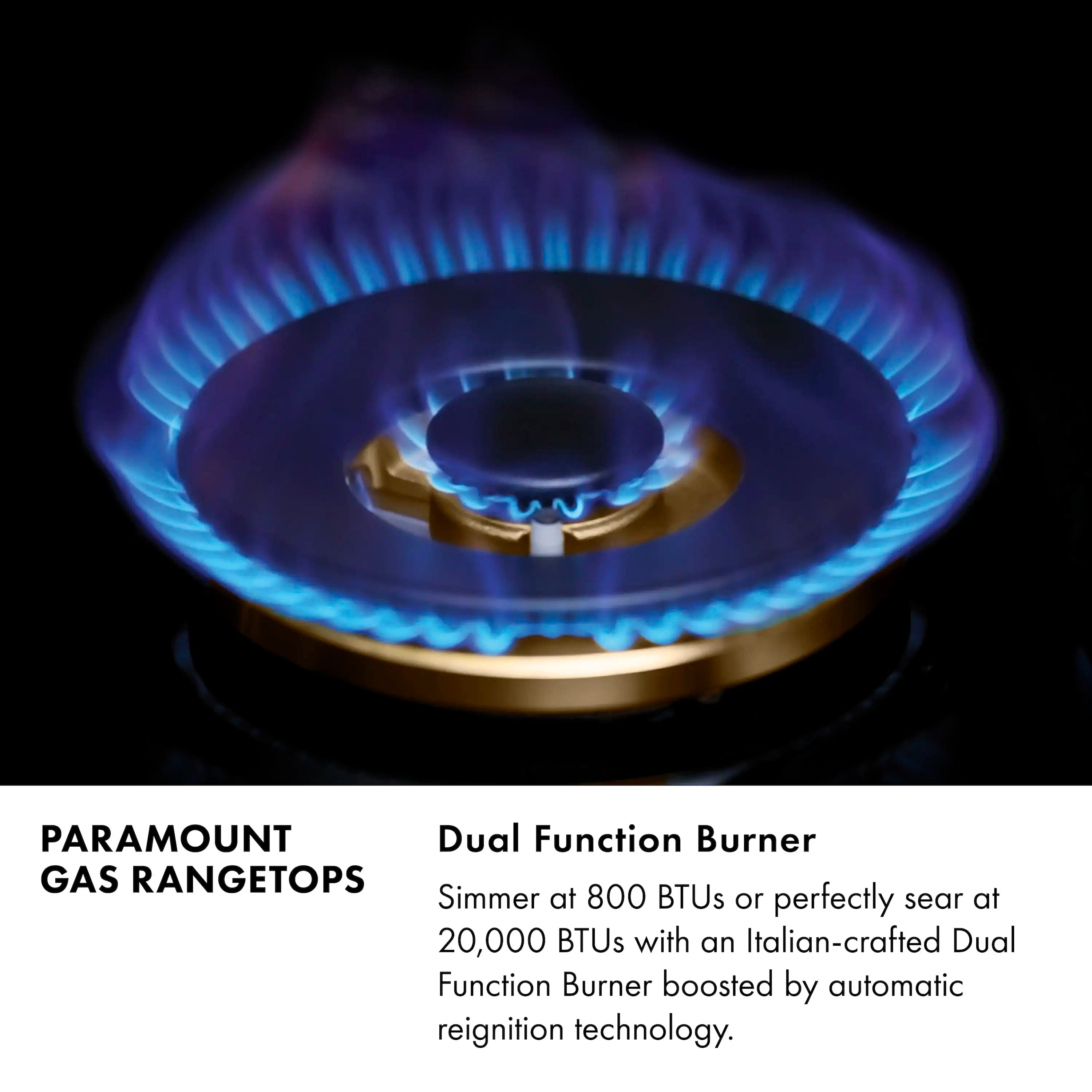 Gas rangetop burner with blue flame and gold brass burner base