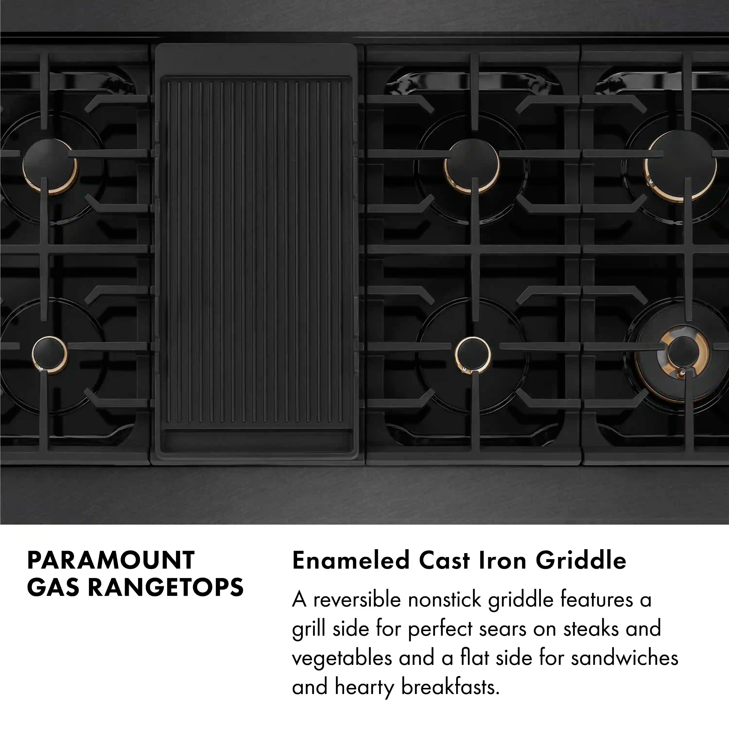 Black gas rangetop with brass-ring burners and central ribbed griddle insert