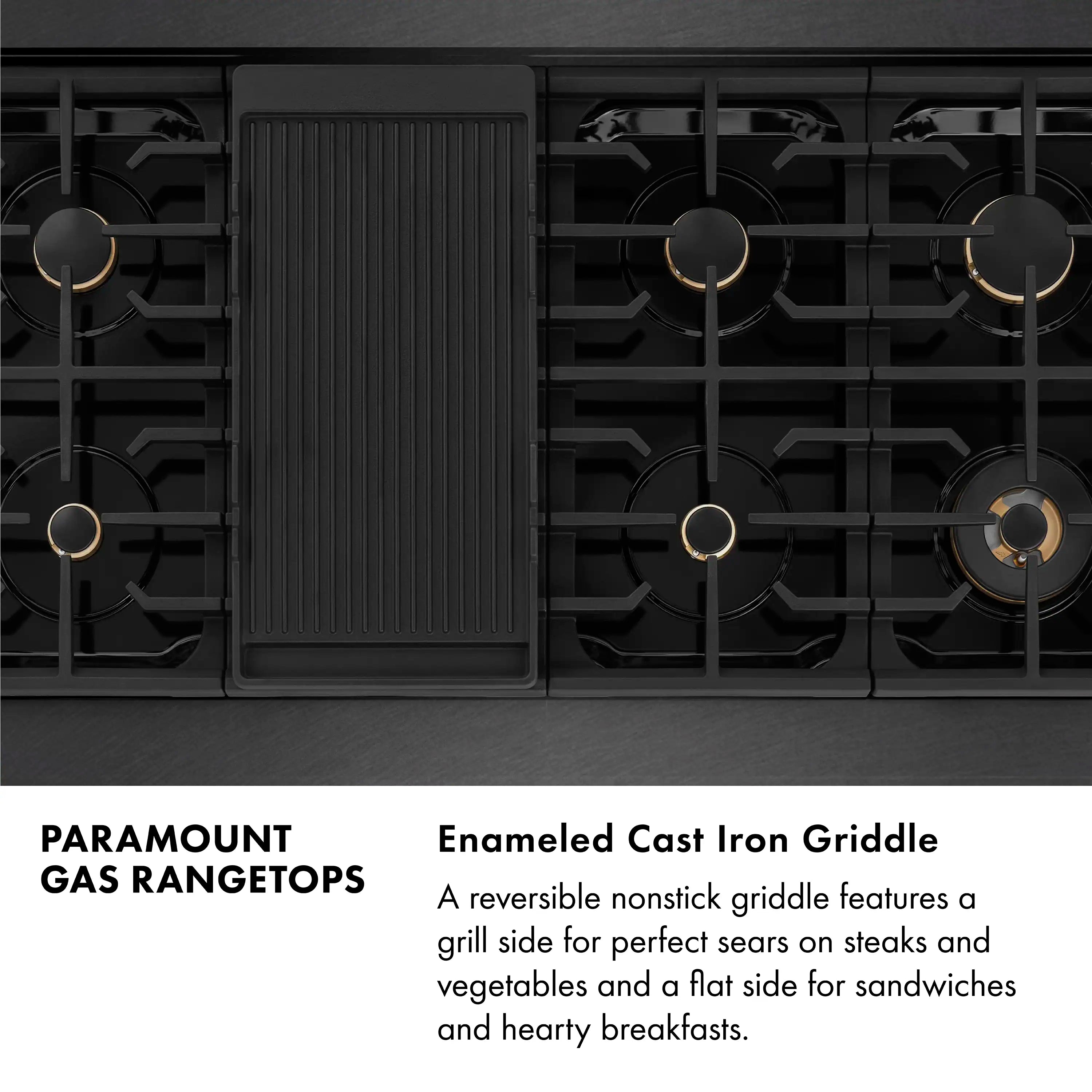 Black gas rangetop with enameled cast iron griddle insert and burner grates