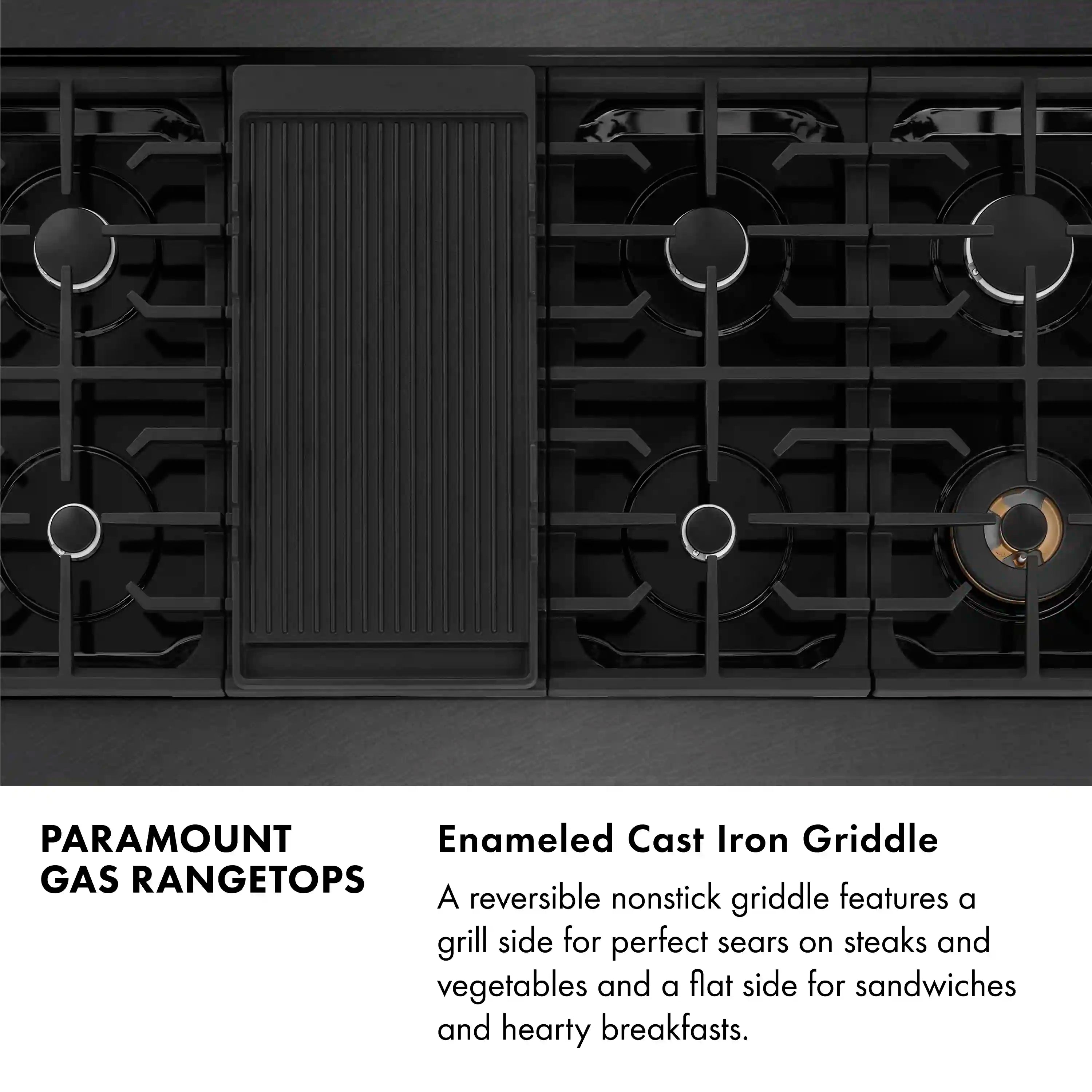 Black gas rangetop griddle insert over a porcelain cooktop with burner grates
