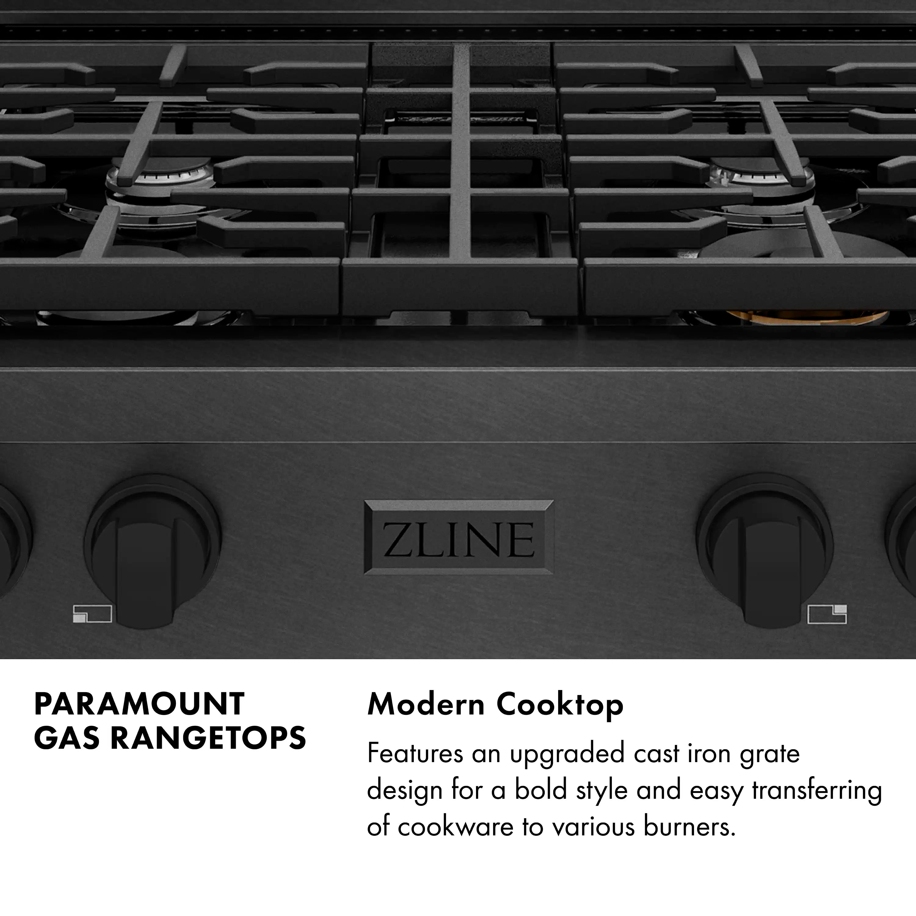 Black gas cooktop with front control knobs and centered burner grate supports