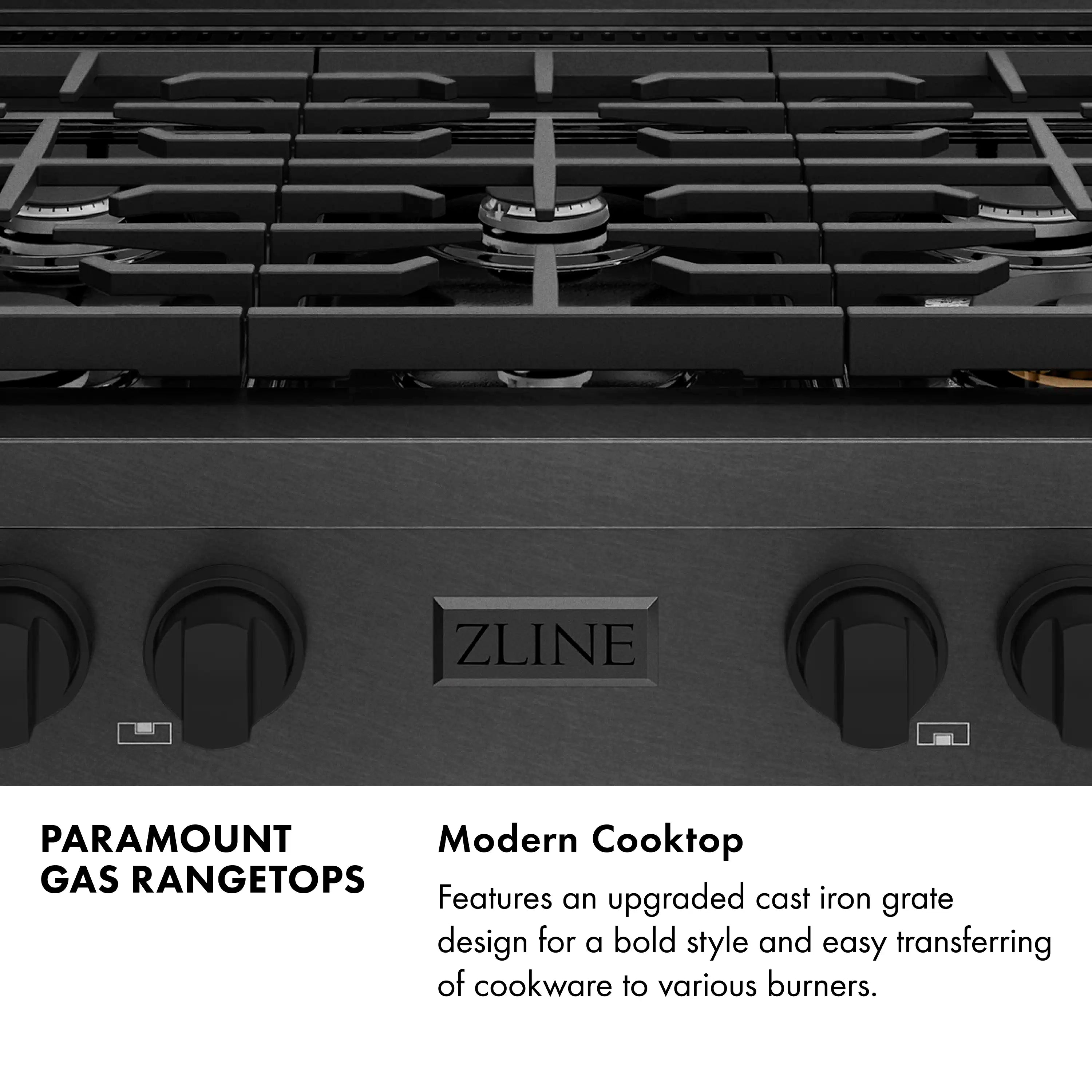 Black gas rangetop front panel with ZLINE logo and control knob row