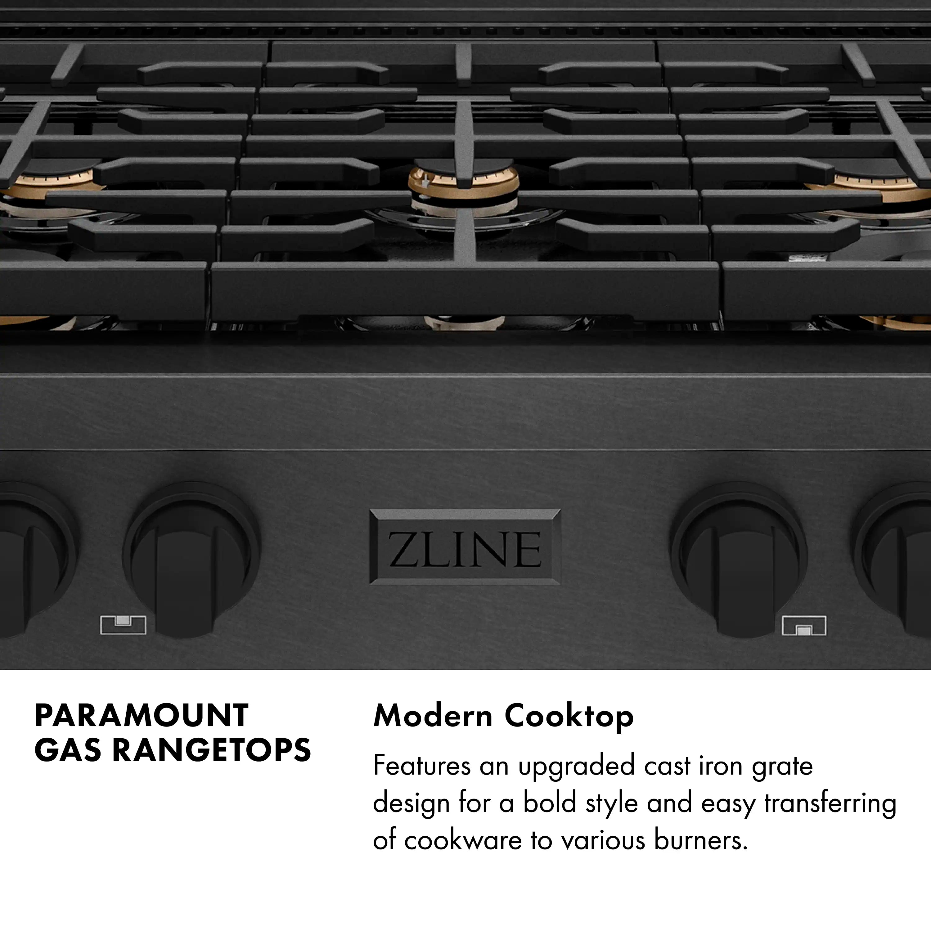 ZLINE gas cooktop with black cast-iron grates and stainless front panel