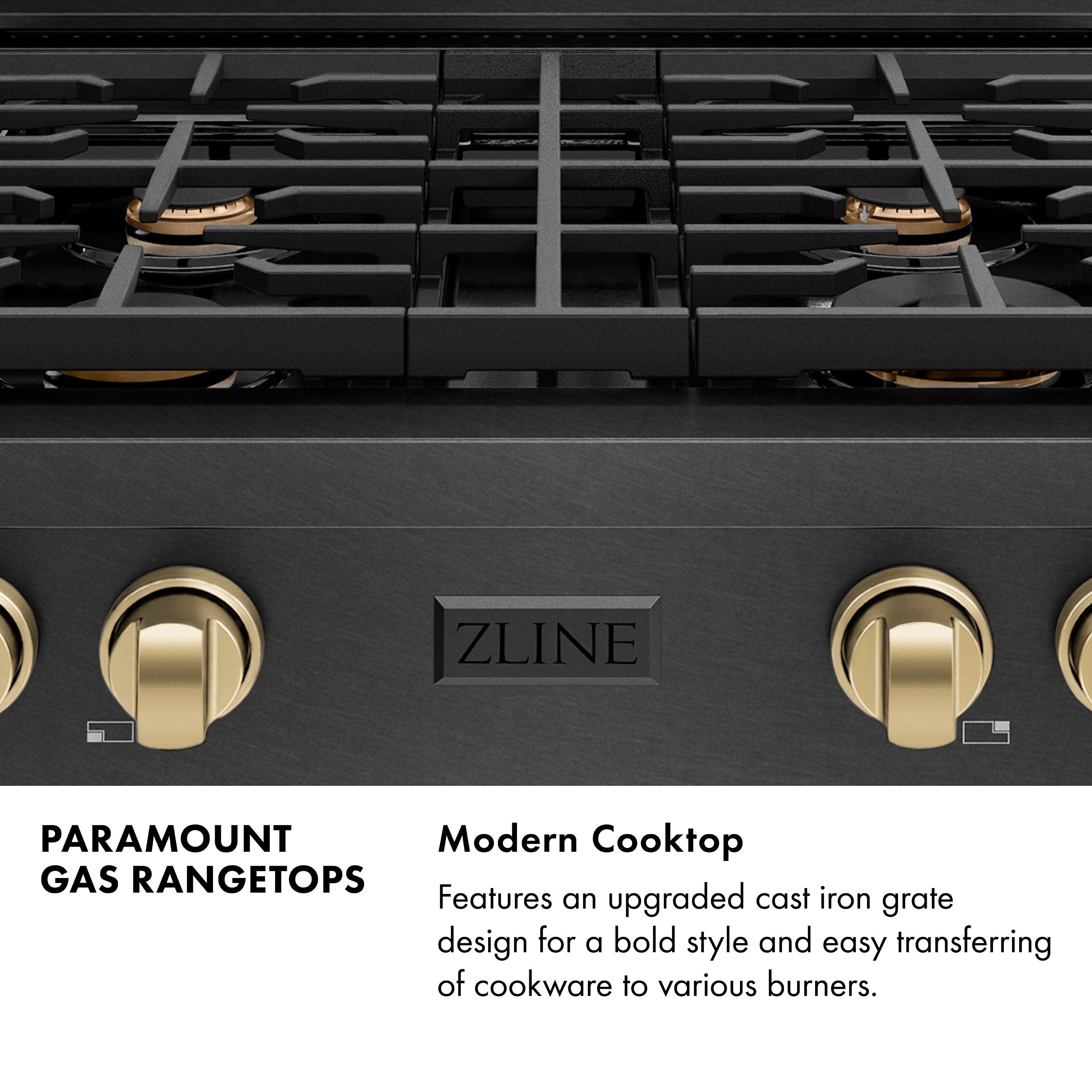 Black gas cooktop front with four grates and champagne-bronze control knobs