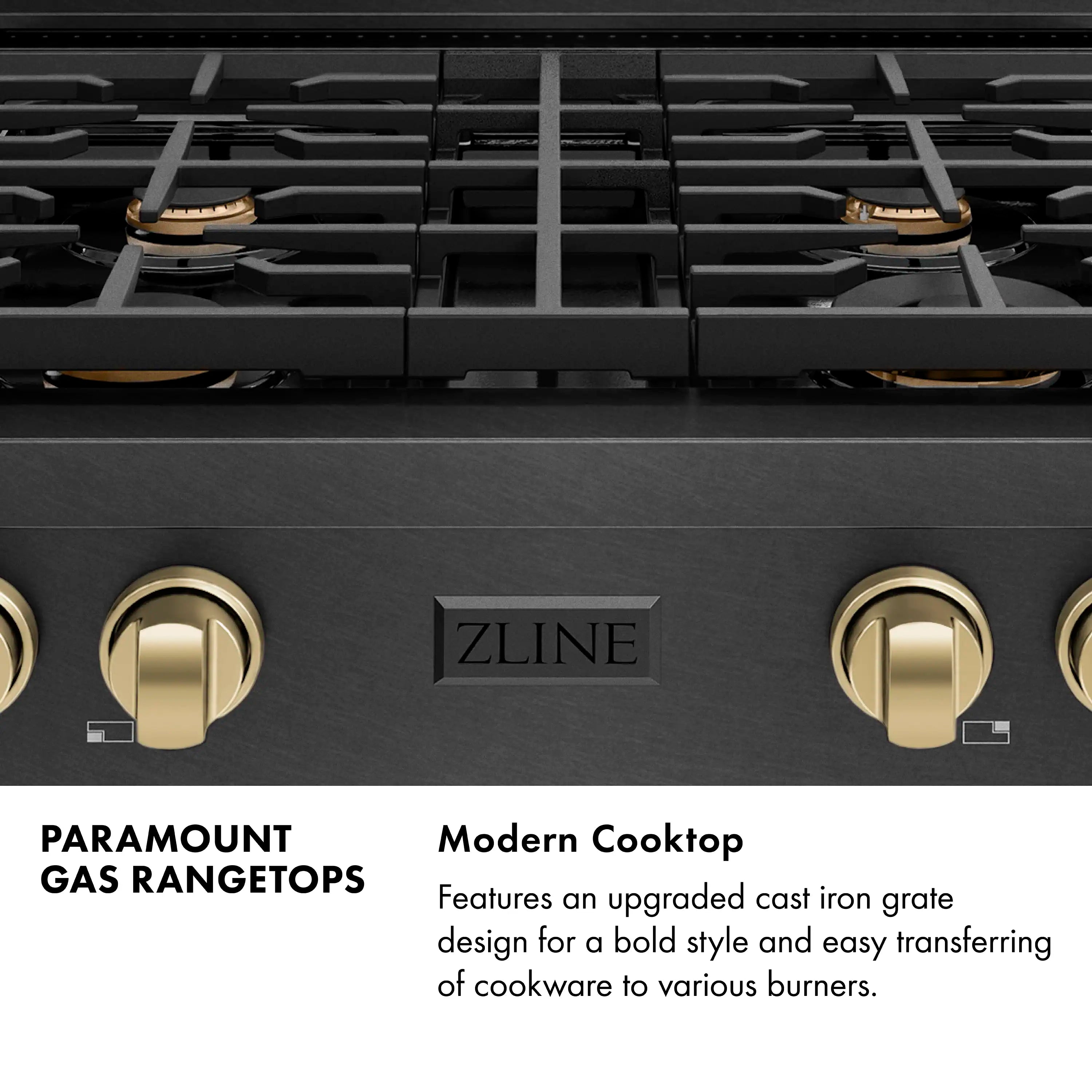 Black gas cooktop with four cast-iron grates and champagne bronze control knobs