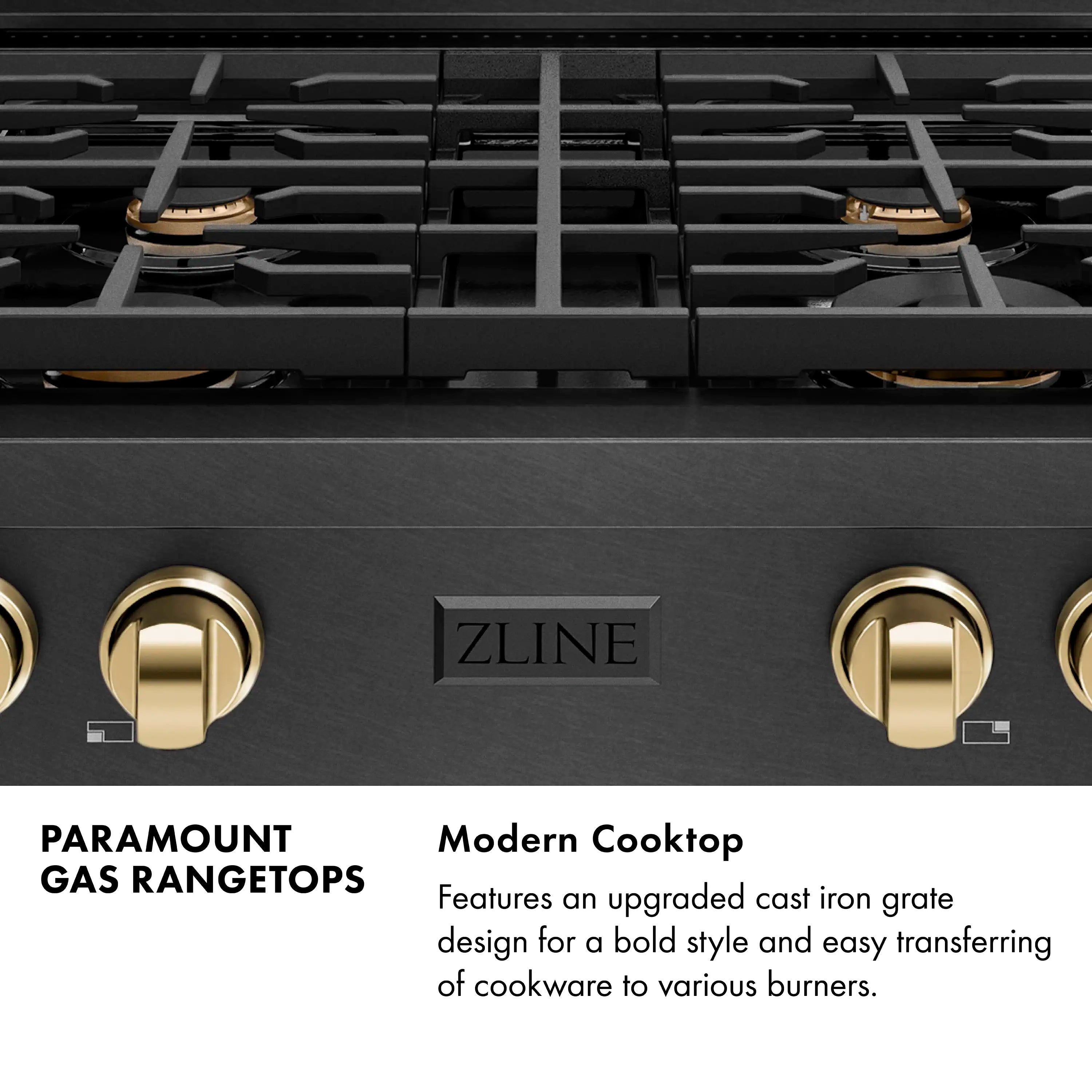 Black gas cooktop with four grates, gold control knobs, and ZLINE center logo