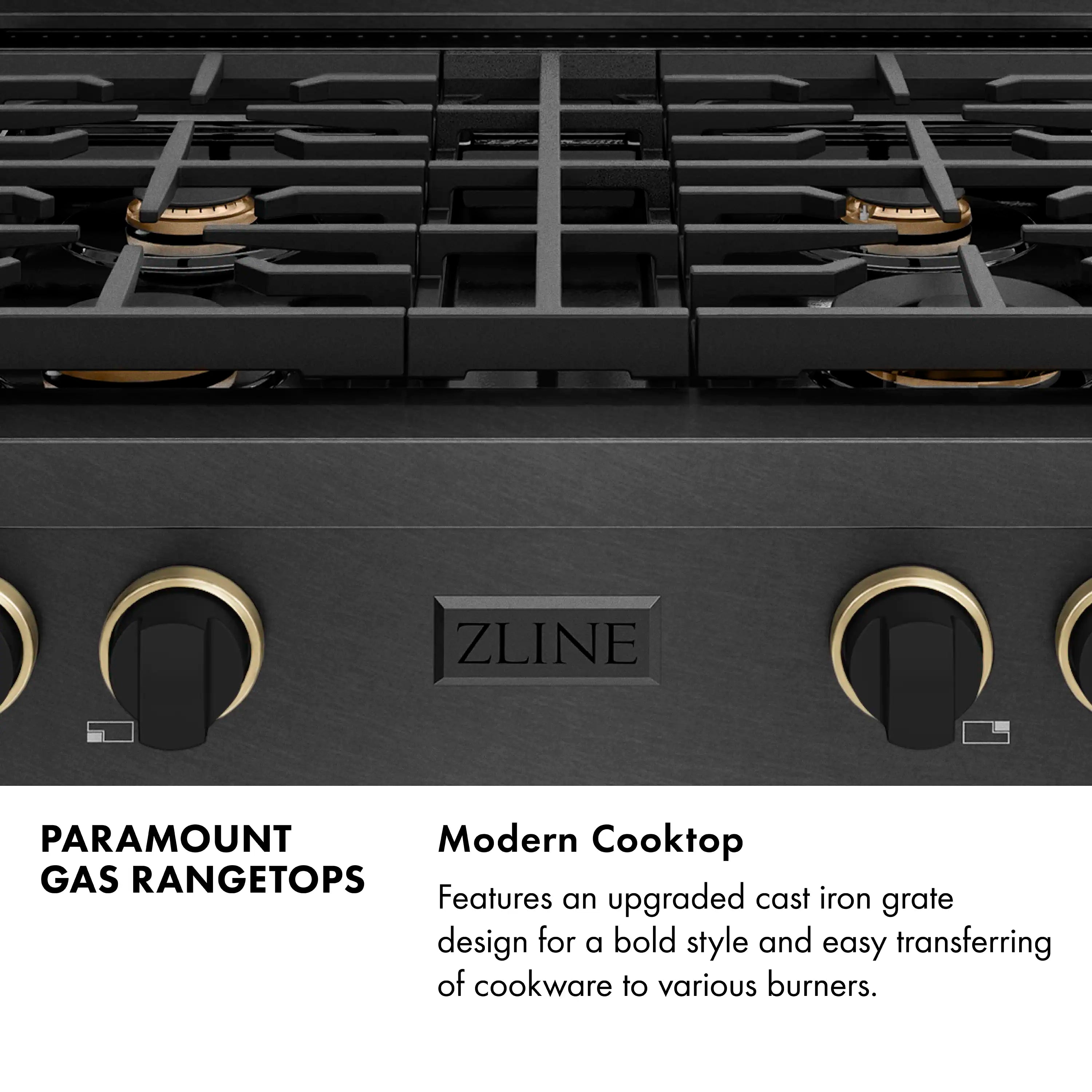 Black satin gas cooktop with four burners and ZLINE branding on the front panel