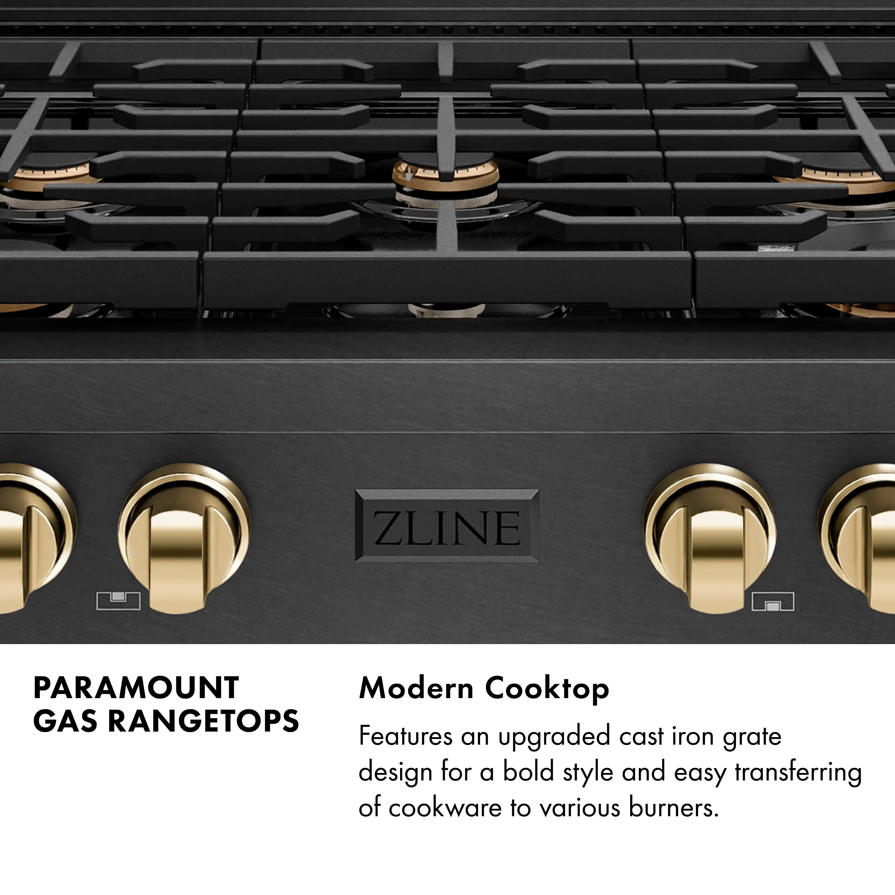 Black cooktop with cast grates, polished gold control caps, and ZLINE center badge