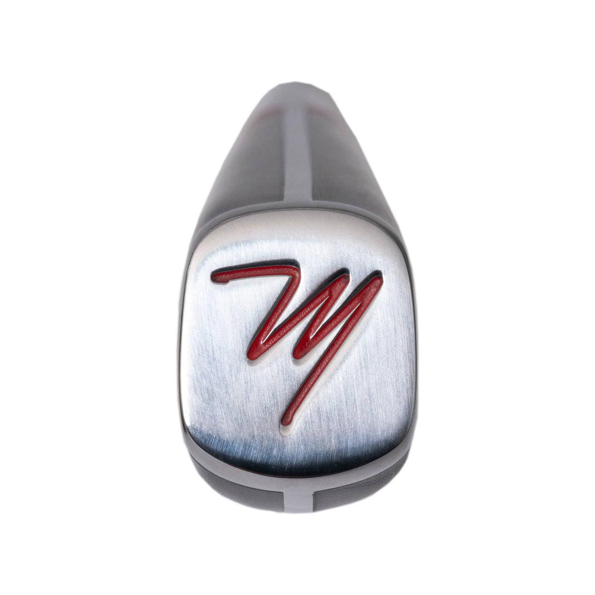 Chef knife handle end cap with red logo on dark grip