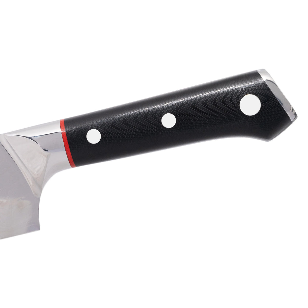 Chef knife black textured handle with white rivet dots and red guard stripe