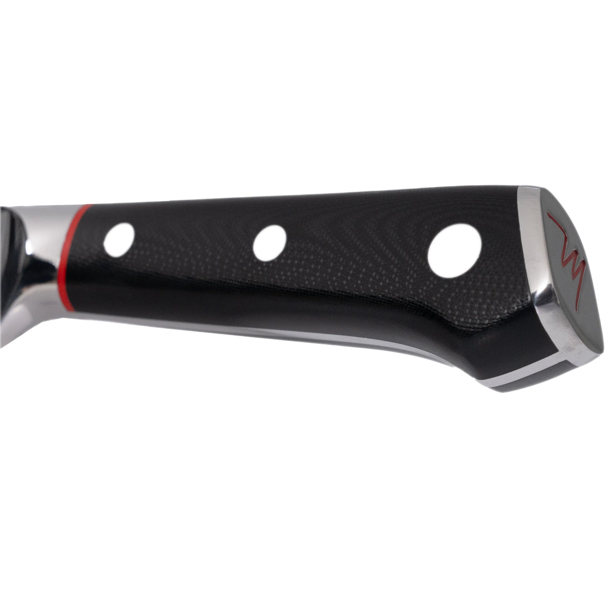 Chef knife black handle with textured grip, red line, and side logo