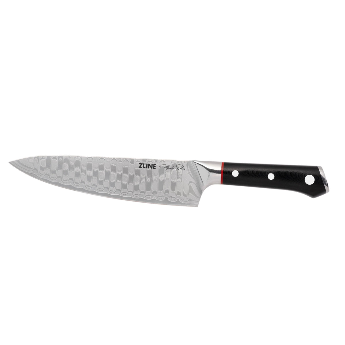 Japanese Damascus chef knife with textured gray blade and black handle