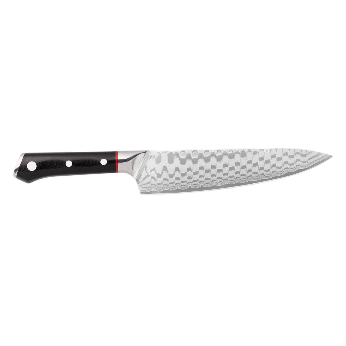 8-inch Japanese Damascus chef knife with black handle and red accent ring