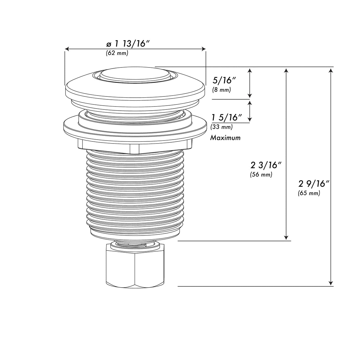 Brushed nickel garbage disposal air switch button size diagram with threaded mounting base
