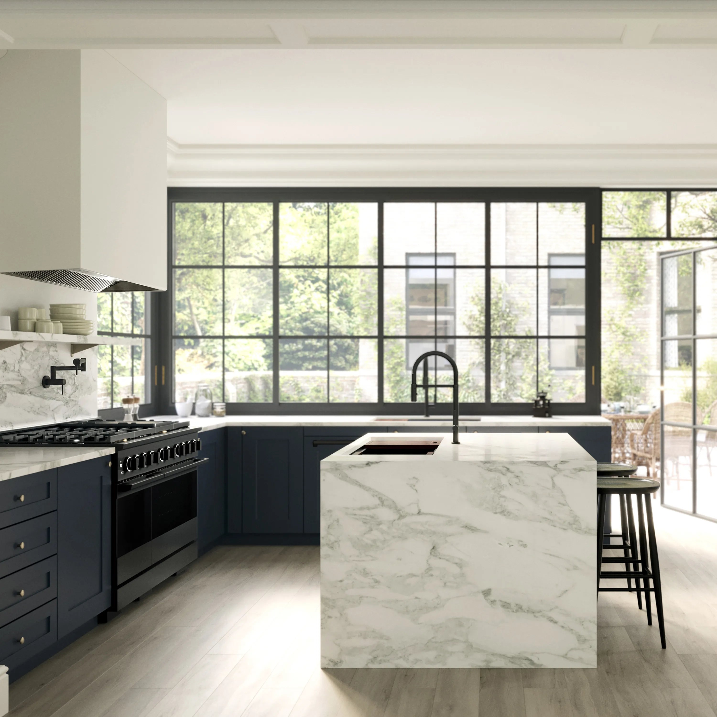 Black dual fuel range cooktop and double oven doors in modern kitchen
