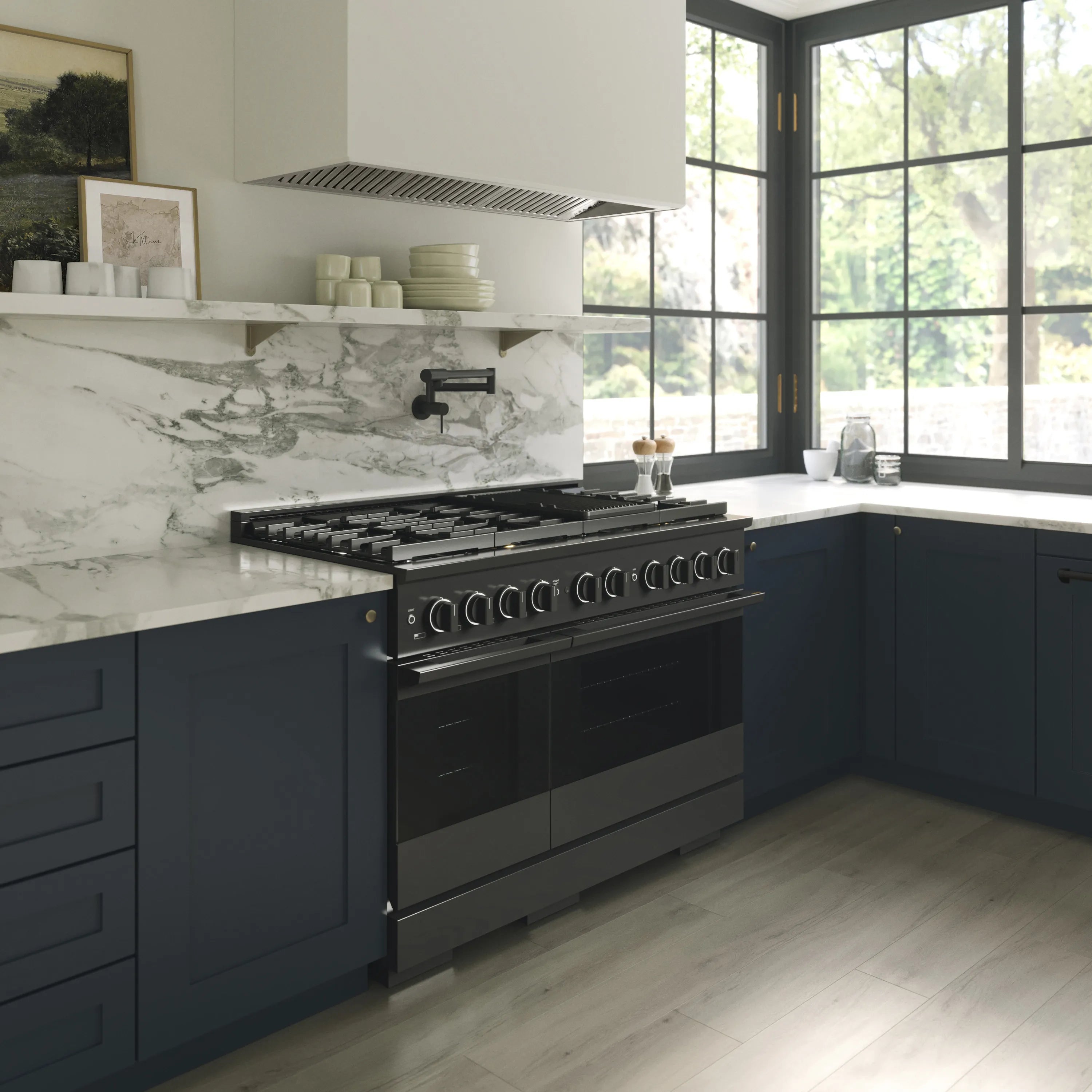 Black dual fuel range with gas burners and control knobs in a kitchen