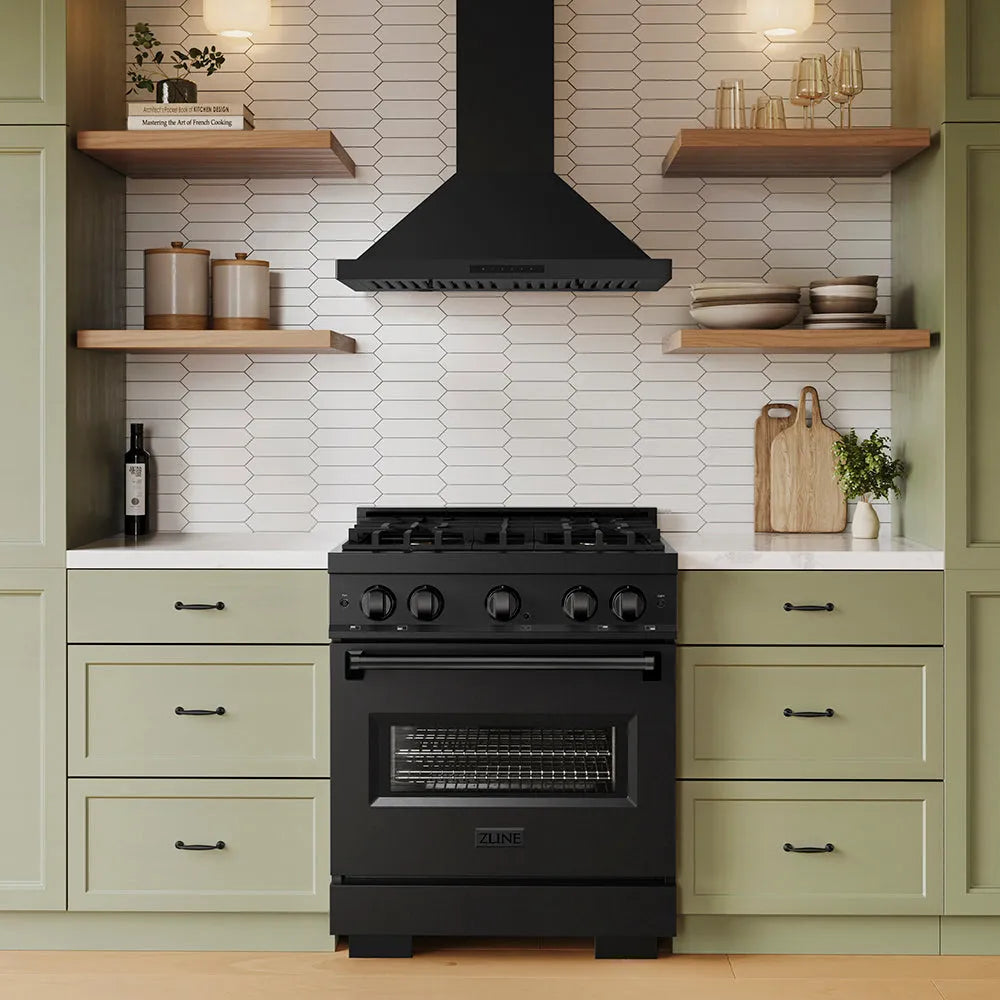 ZLINE 30-inch black stainless steel wall mount range hood, installed in a kitchen