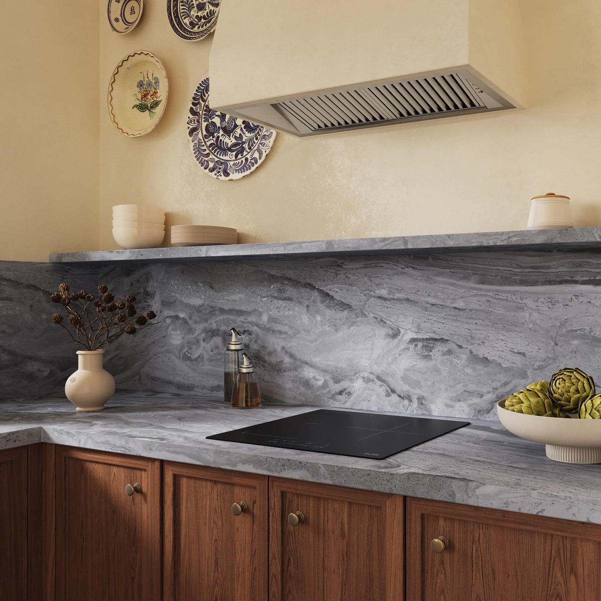 Black induction cooktop with flat anti-scratch glass surface in a kitchen countertop