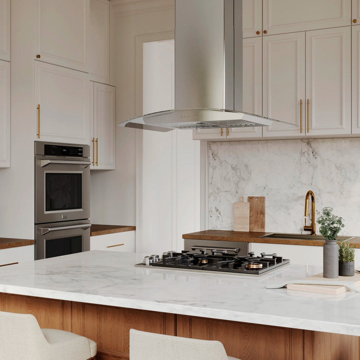 Built-in black four-burner gas cooktop with cast grates and side control knobs