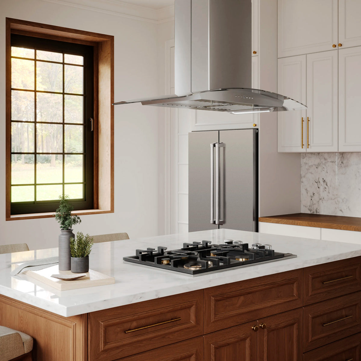 Black four-burner gas cooktop on countertop with cast grates and right-side knobs