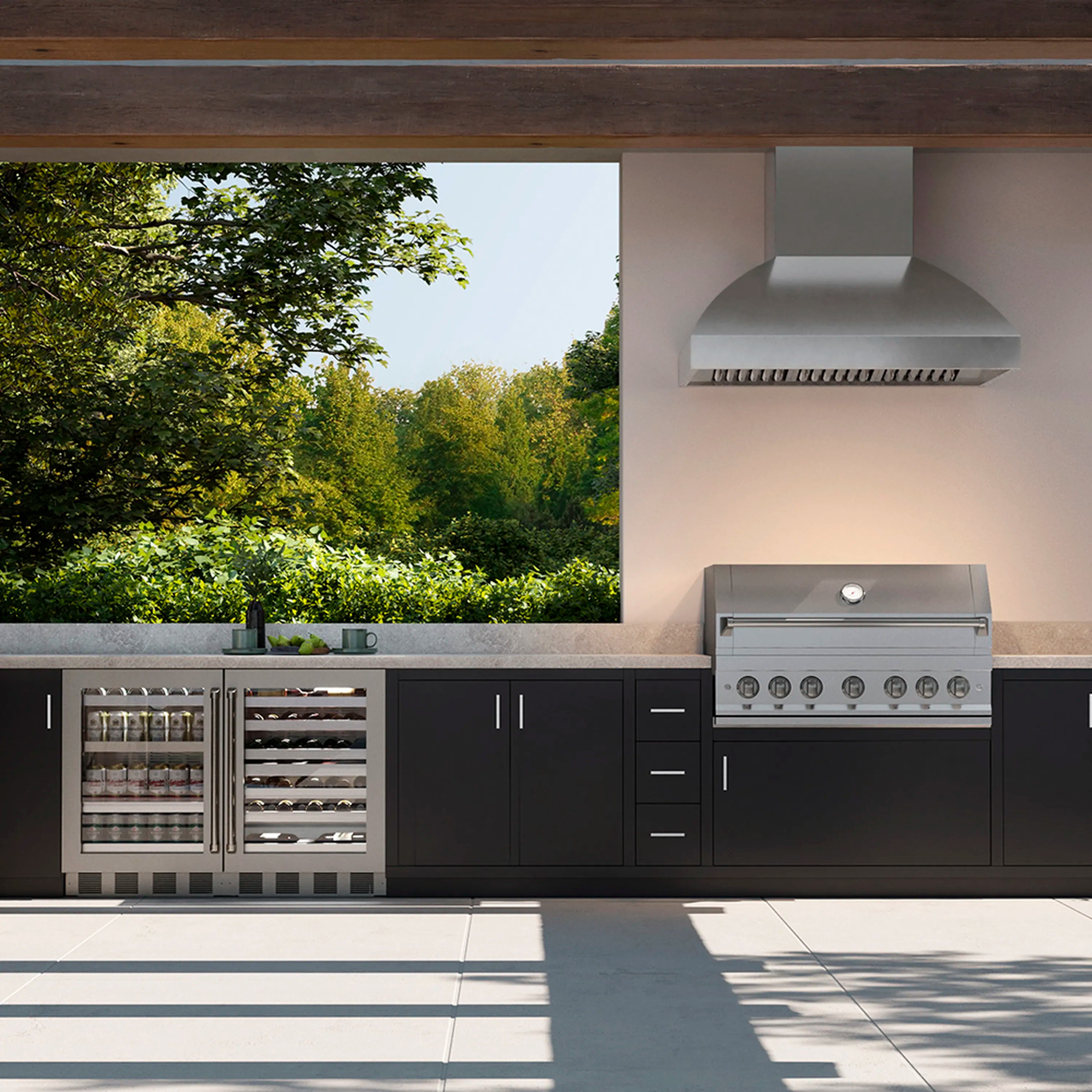 Stainless outdoor grill hood, wall-mounted chimney style with vented canopy