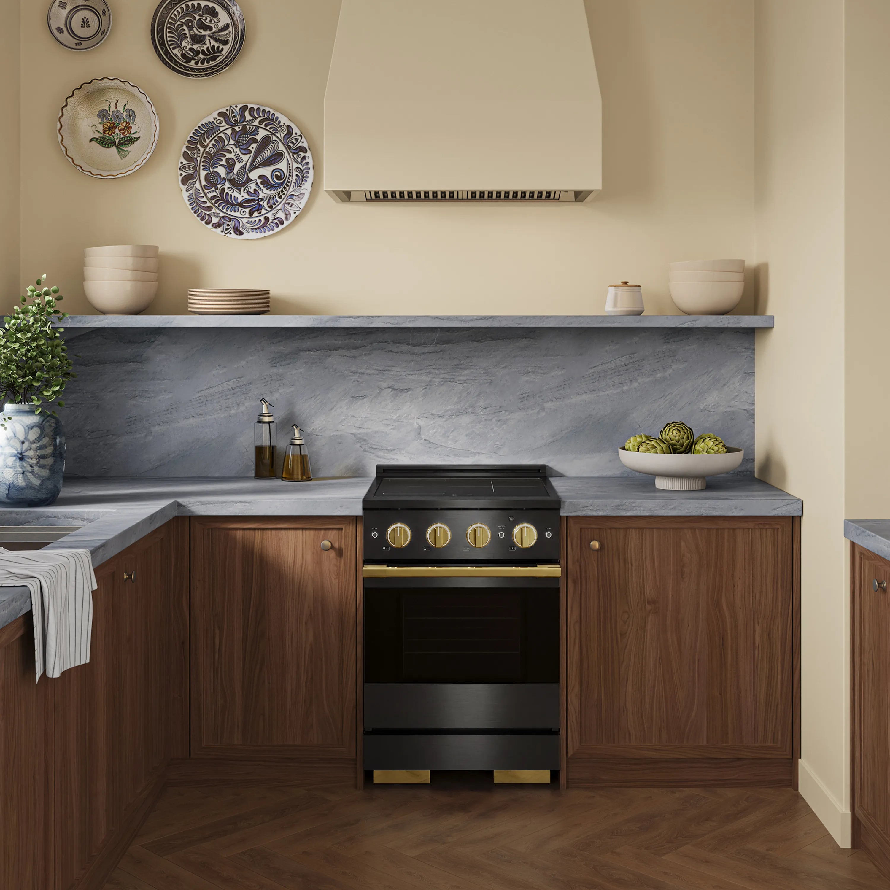 ZLINE Autograph Edition 24-Inch 3.2 cu. ft. Marino Induction Range with 3 Element Cooktop and Electric Convection Oven in Black Stainless Steel with Polished Gold Accents (MINRBZ-24-G)
