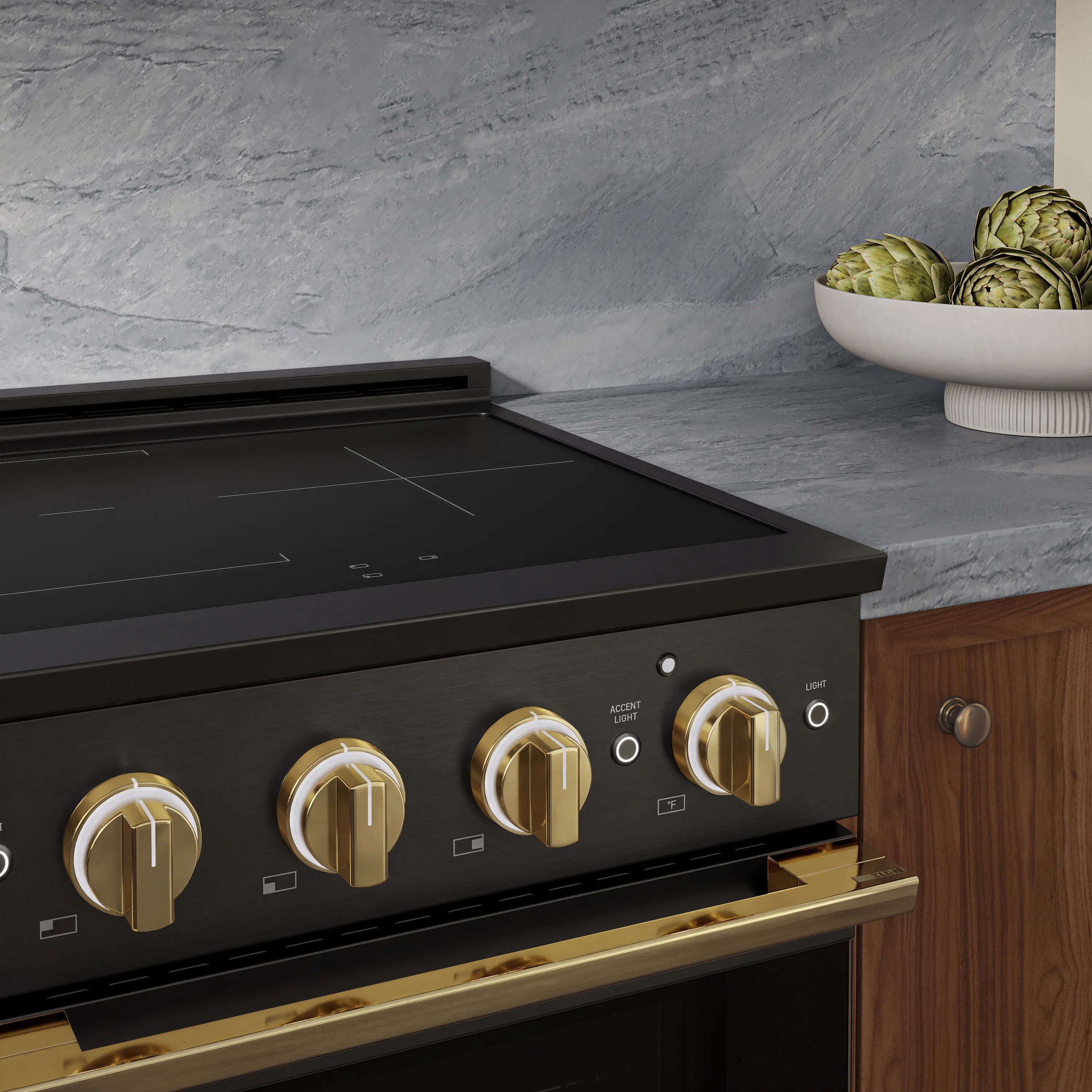 ZLINE Autograph Edition 24-Inch 3.2 cu. ft. Marino Induction Range with 3 Element Cooktop and Electric Convection Oven in Black Stainless Steel with Polished Gold Accents (MINRBZ-24-G)