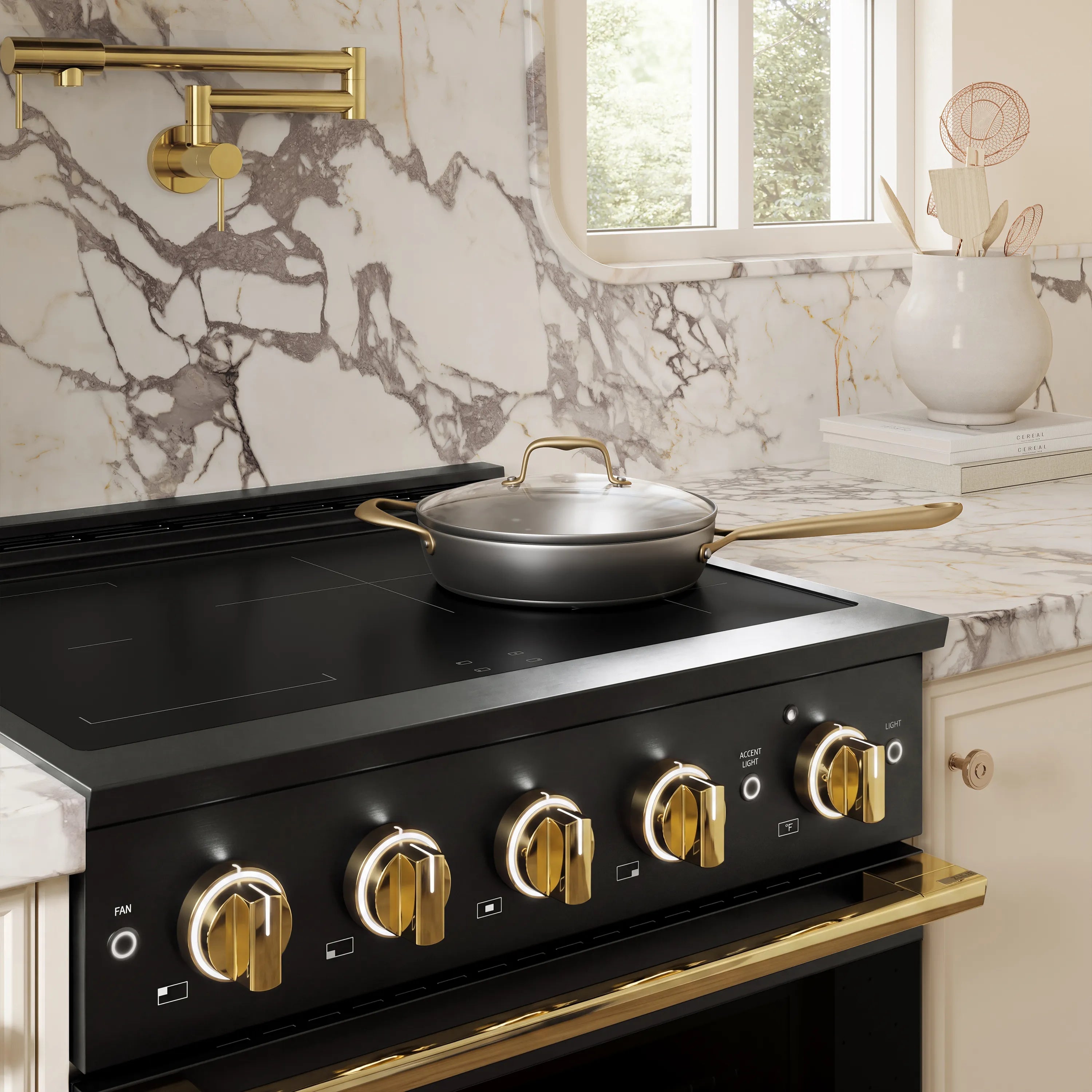 ZLINE Autograph Edition 30-Inch 4.2 cu. ft. Marino Induction Range with 4 Element Cooktop and Electric Convection Oven in Black Stainless Steel with Polished Gold Accents (MINRBZ-30-G)