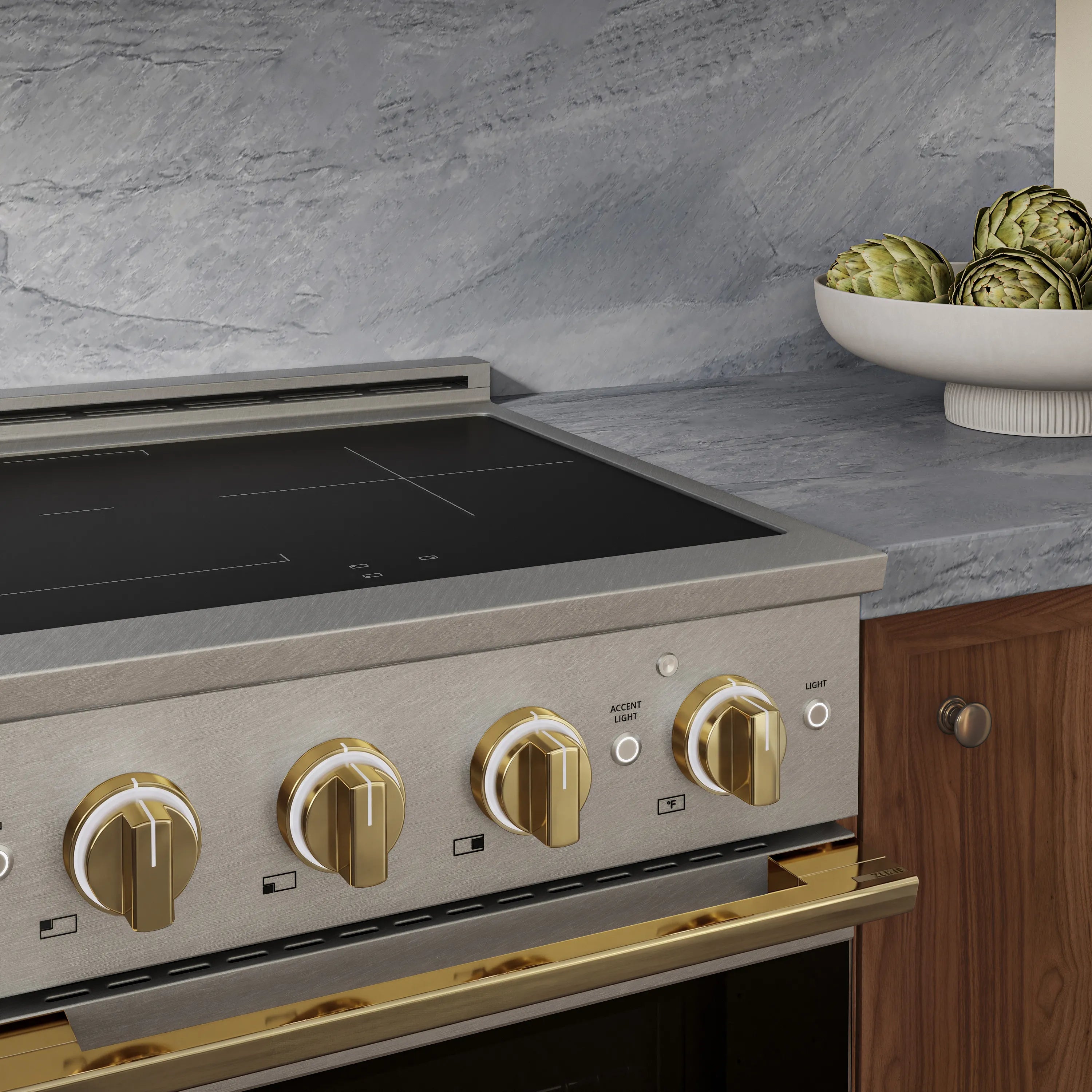 ZLINE Autograph Edition 24-Inch 3.2 cu. ft. Marino Induction Range with 3 Element Cooktop and Electric Convection Oven in Satin Stainless Steel with Polished Gold Accents (MINRSZ-24-G)