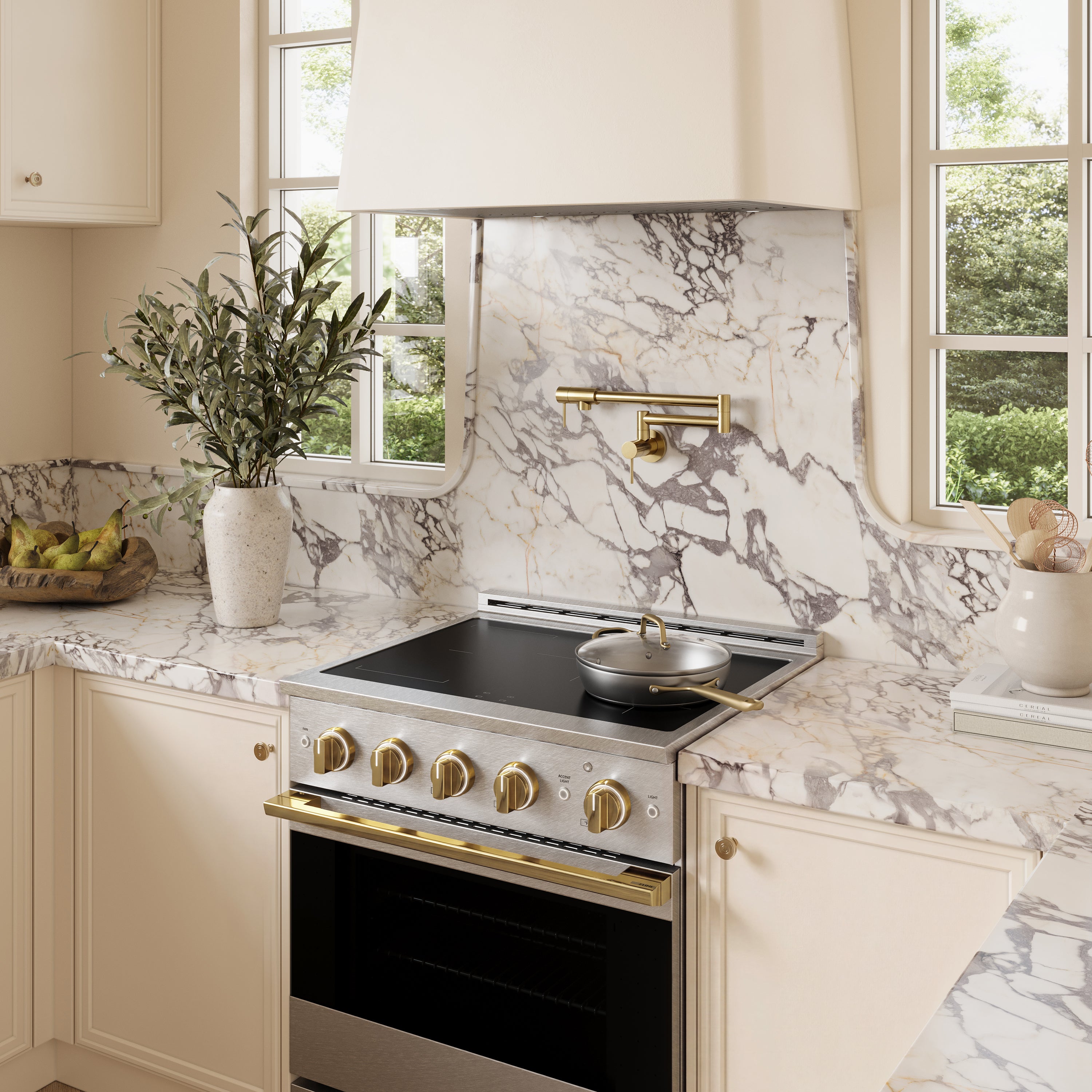 ZLINE Autograph Edition 30-Inch 4.2 cu. ft. Marino Induction Range with 4 Element Cooktop and Electric Convection Oven in Satin Stainless Steel with Polished Gold Accents (MINRSZ-30-G)