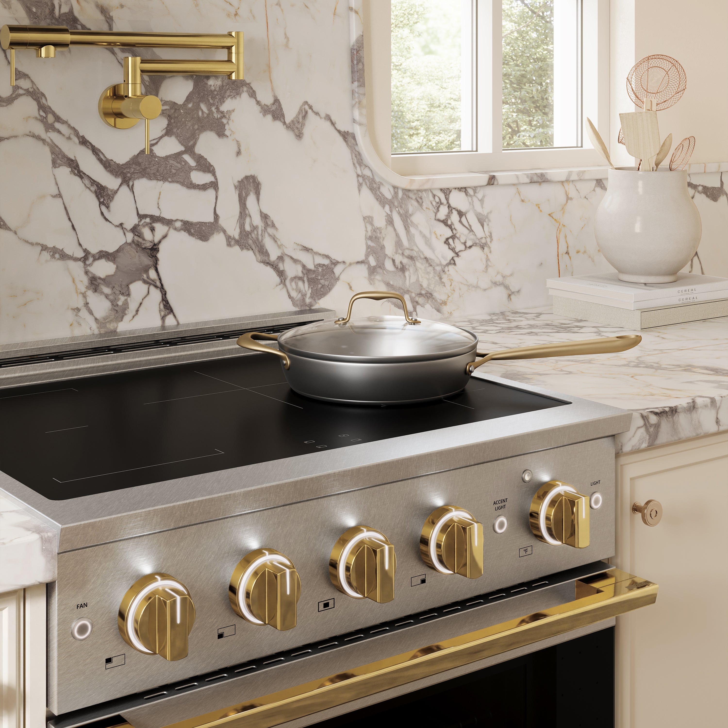 ZLINE Autograph Edition 30-Inch 4.2 cu. ft. Marino Induction Range with 4 Element Cooktop and Electric Convection Oven in Satin Stainless Steel with Polished Gold Accents (MINRSZ-30-G)