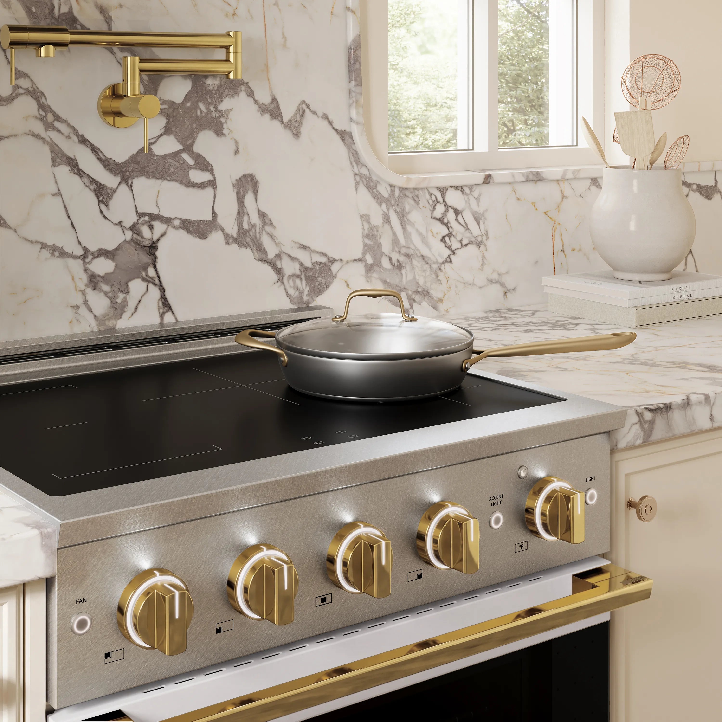 ZLINE Autograph Edition 30-Inch 4.2 cu. ft. Marino Induction Range with 4 Element Cooktop and Electric Convection Oven in Satin Stainless Steel with White Matte Door and Polished Gold Accents (MINRSZ-WM-30-G)