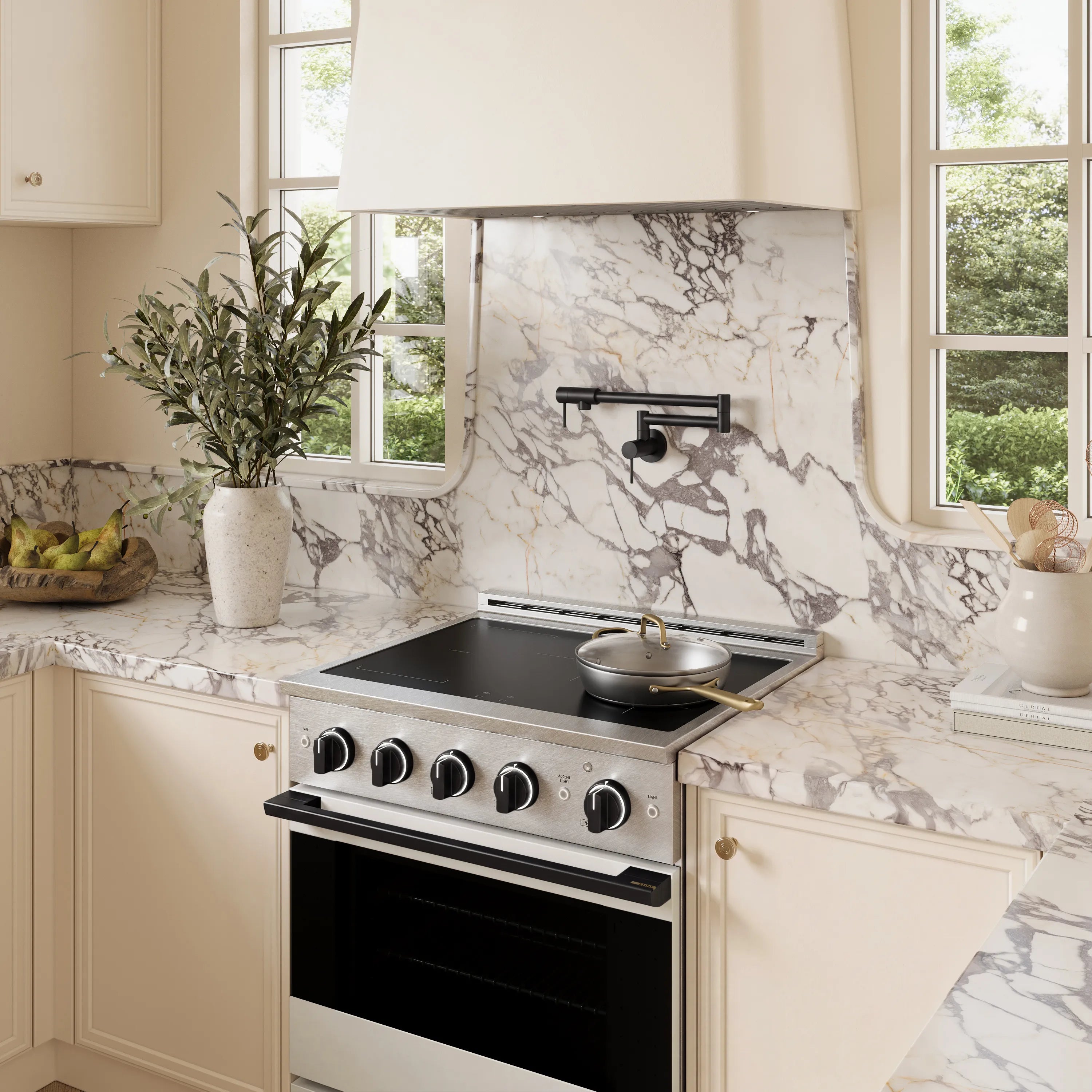 ZLINE Autograph Edition 30-Inch 4.2 cu. ft. Marino Induction Range with 4 Element Cooktop and Electric Convection Oven in Satin Stainless Steel with White Matte Door and Matte Black Accents (MINRSZ-WM-30-MB)