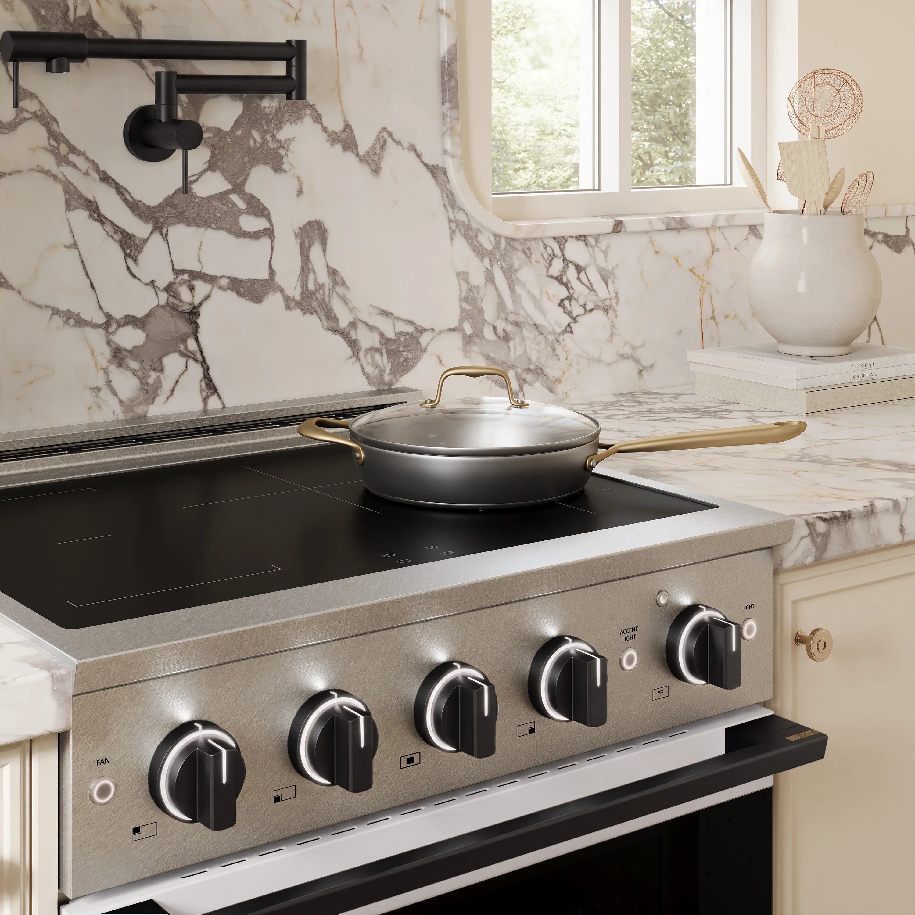 ZLINE Autograph Edition 30-Inch 4.2 cu. ft. Marino Induction Range with 4 Element Cooktop and Electric Convection Oven in Satin Stainless Steel with White Matte Door and Matte Black Accents (MINRSZ-WM-30-MB)