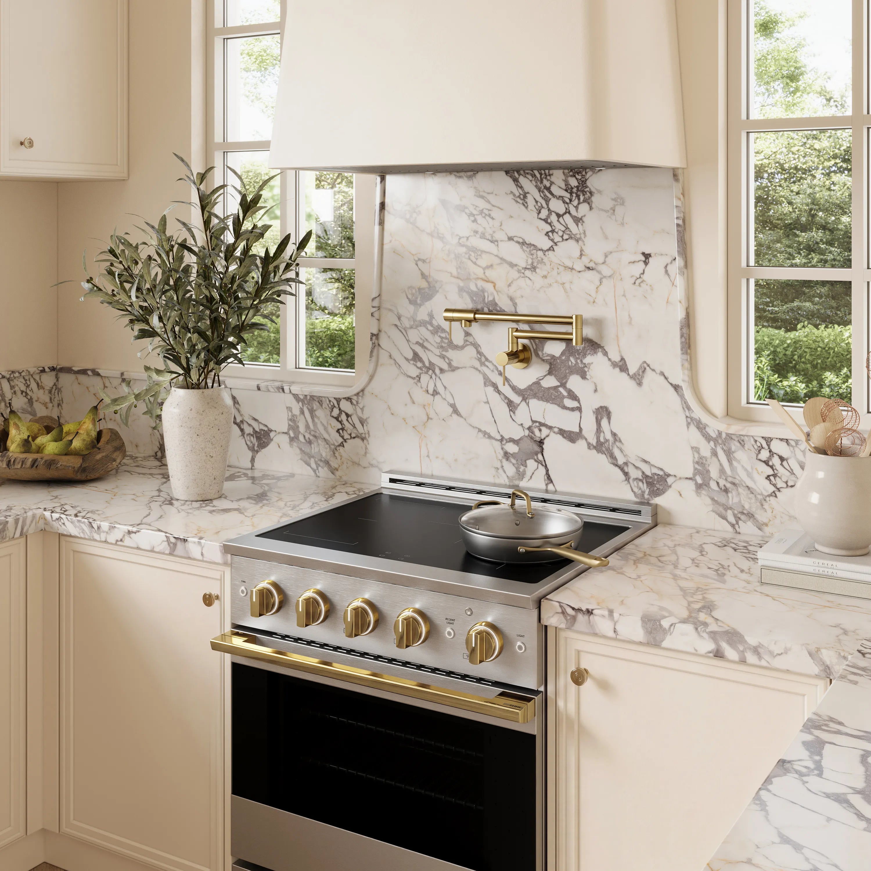 ZLINE Autograph Edition 30-Inch 4.2 cu. ft. Marino Induction Range with 4 Element Cooktop and Electric Convection Oven in Stainless Steel with Polished Gold Accents (MINRZ-30-G)
