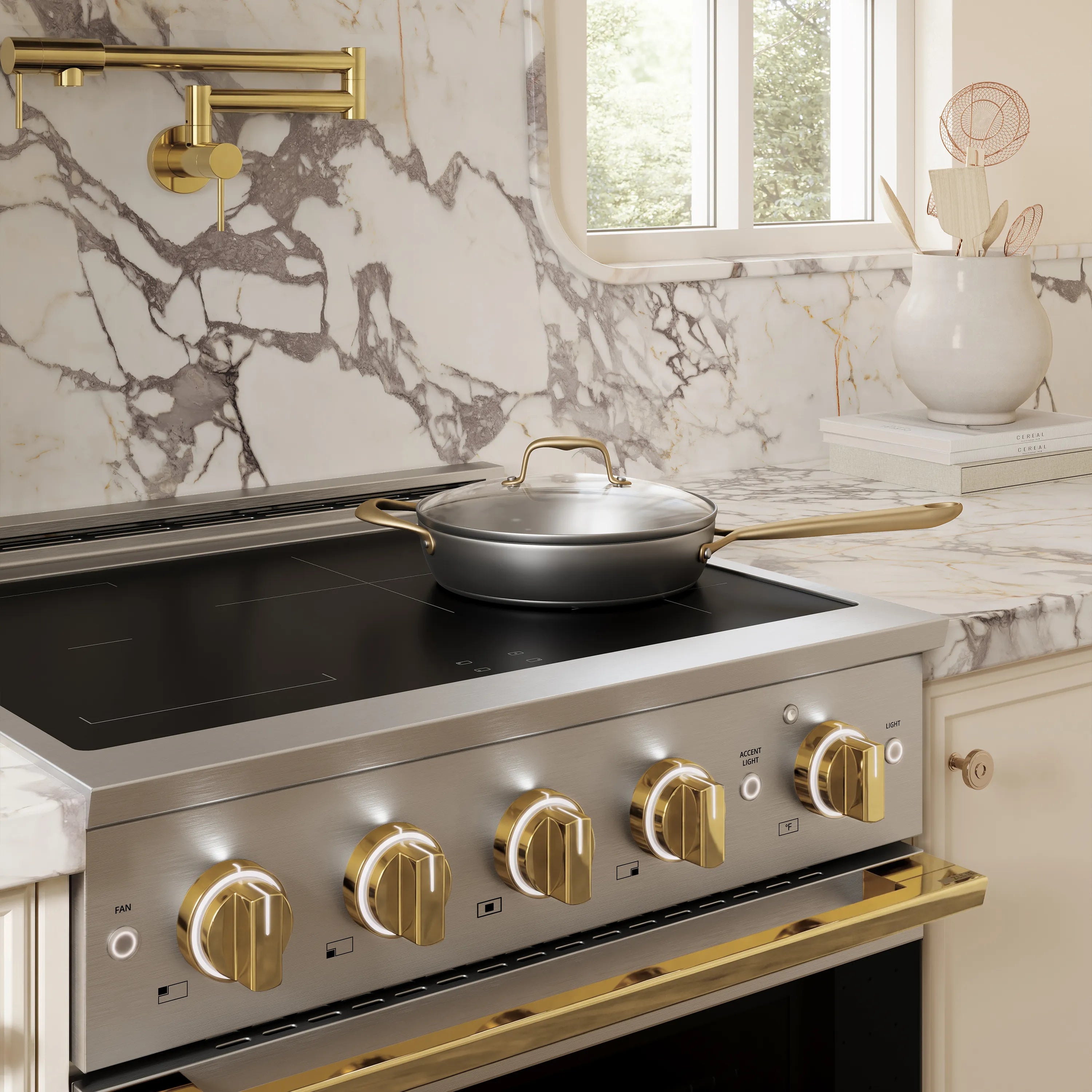 ZLINE Autograph Edition 30-Inch 4.2 cu. ft. Marino Induction Range with 4 Element Cooktop and Electric Convection Oven in Stainless Steel with Polished Gold Accents (MINRZ-30-G)