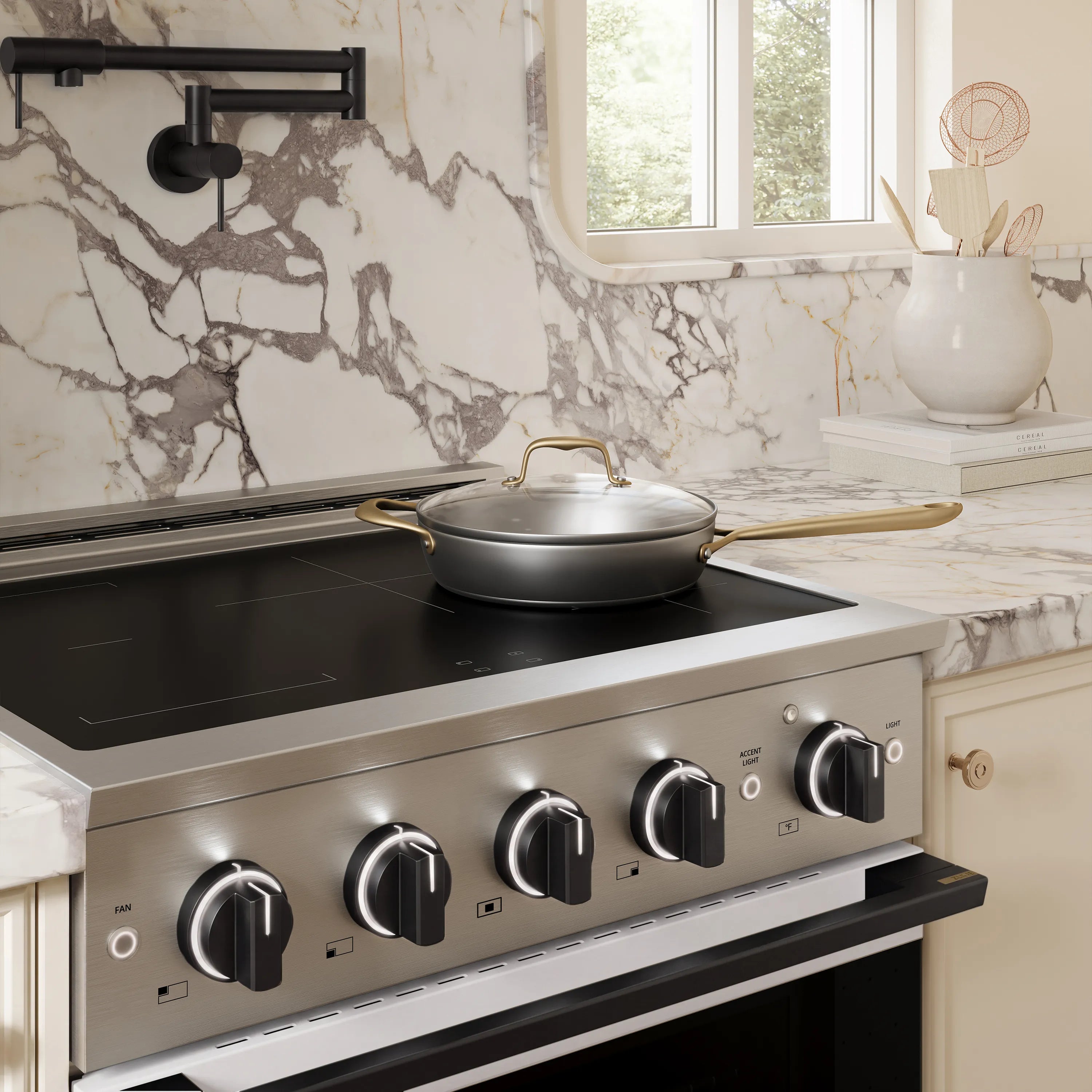 ZLINE Autograph Edition 30-Inch 4.2 cu. ft. Marino Induction Range with 4 Element Cooktop and Electric Convection Oven in Stainless Steel with White Matte Door and Matte Black Accents (MINRZ-WM-30-MB)