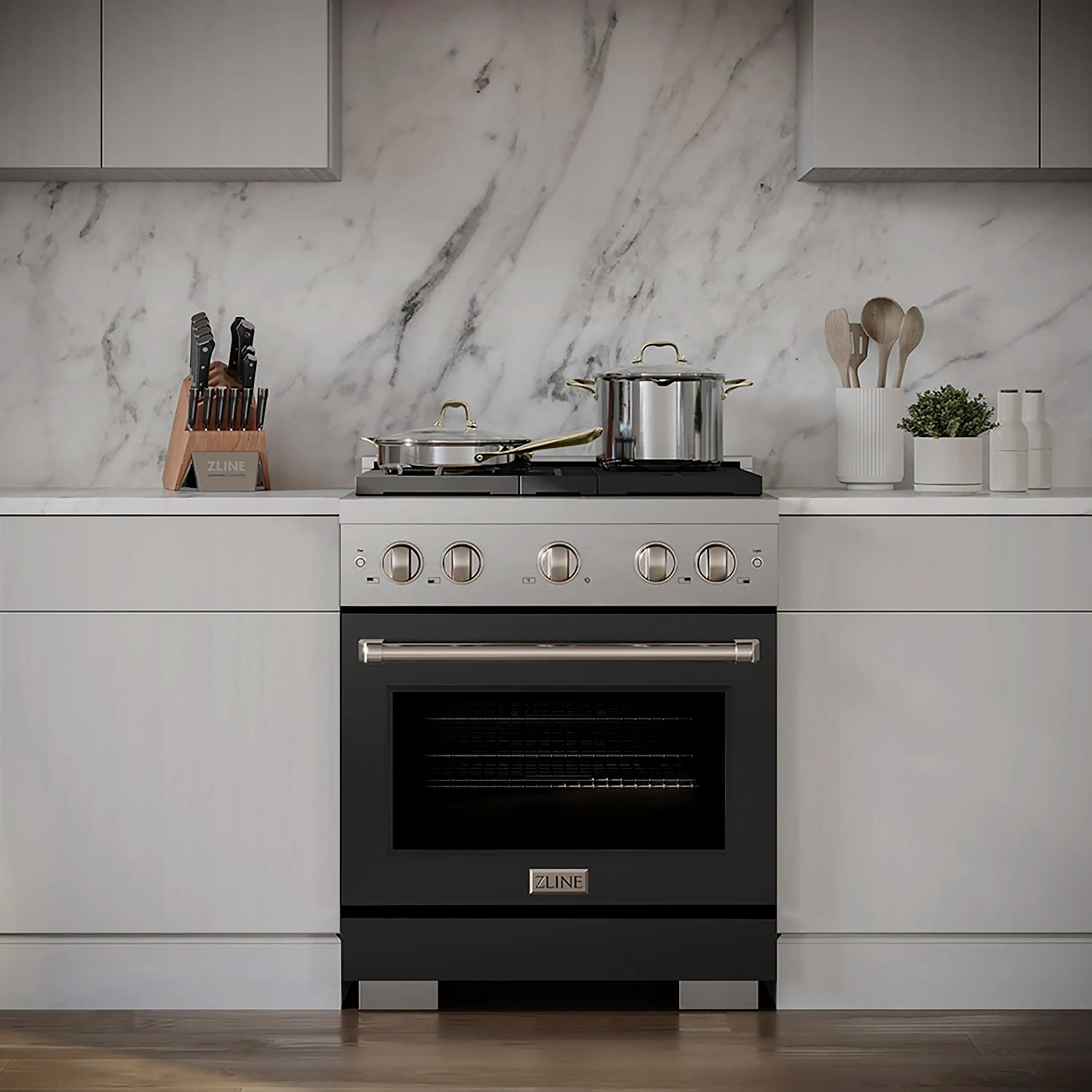 Black gas range with four-burner cooktop and convection oven, viewed from front