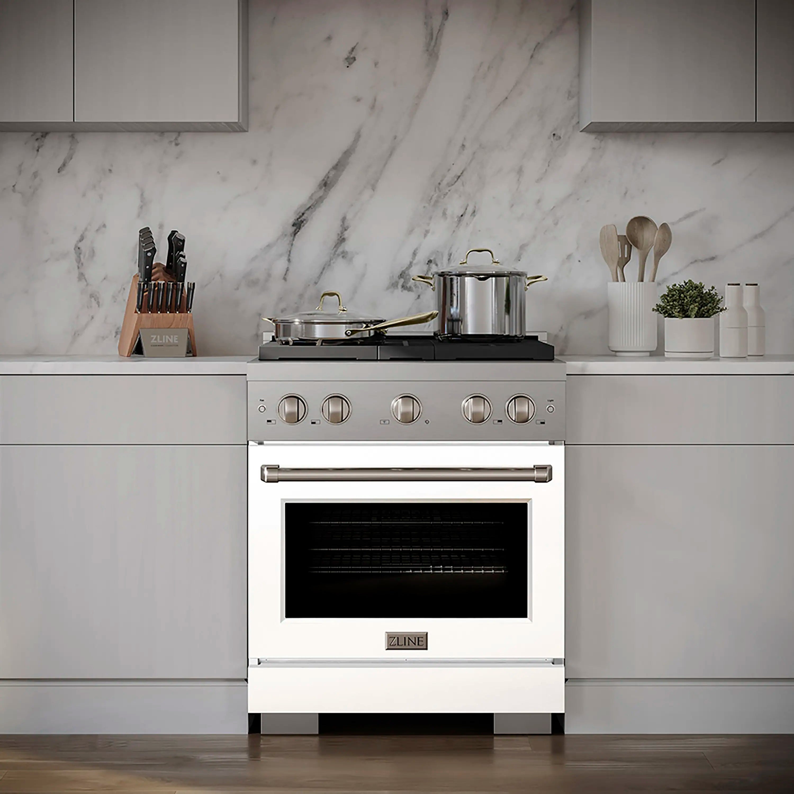 White gas range with 4-burner cooktop, convection oven door, and stainless control panel