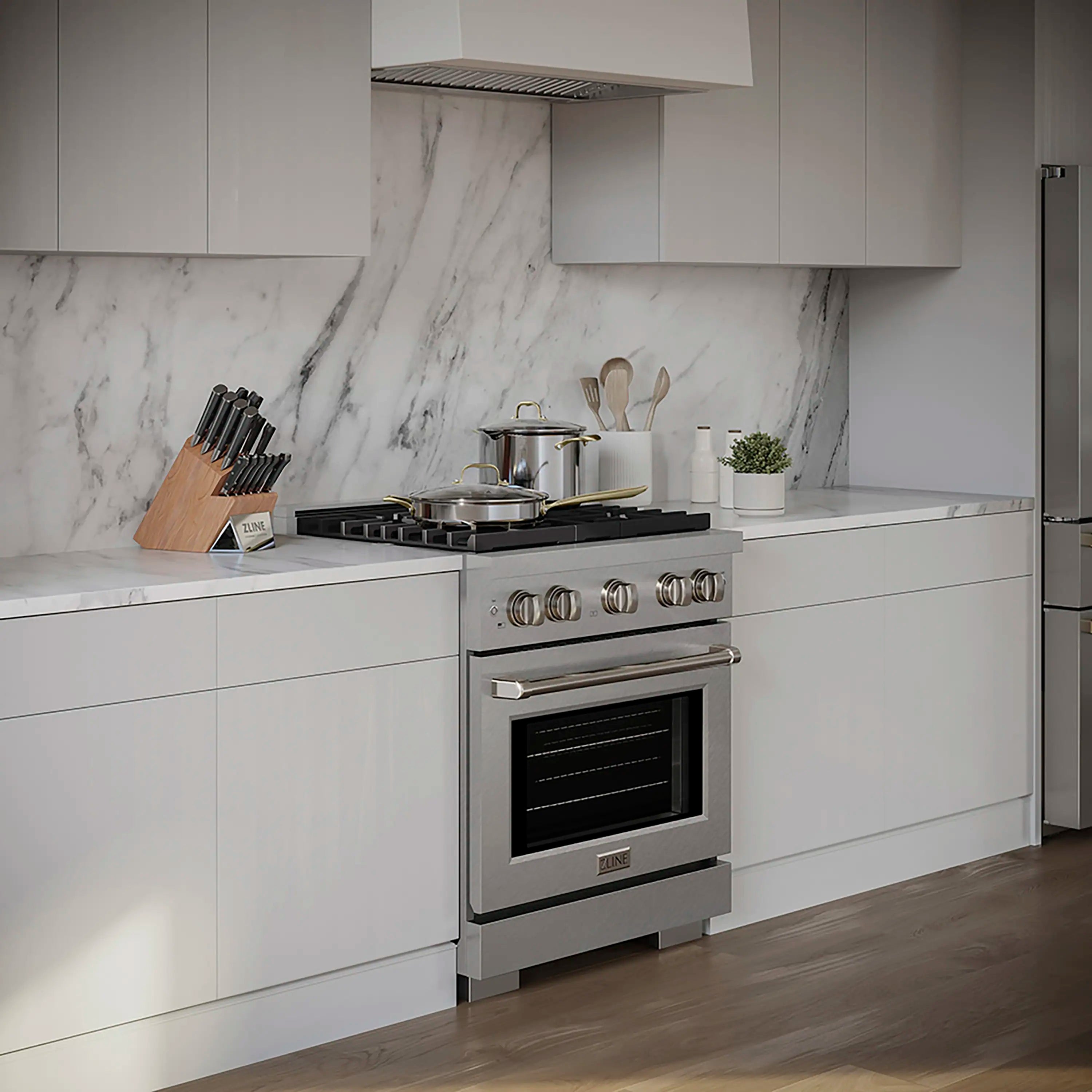 Satin stainless gas range with four-burner cooktop and convection oven, closed door