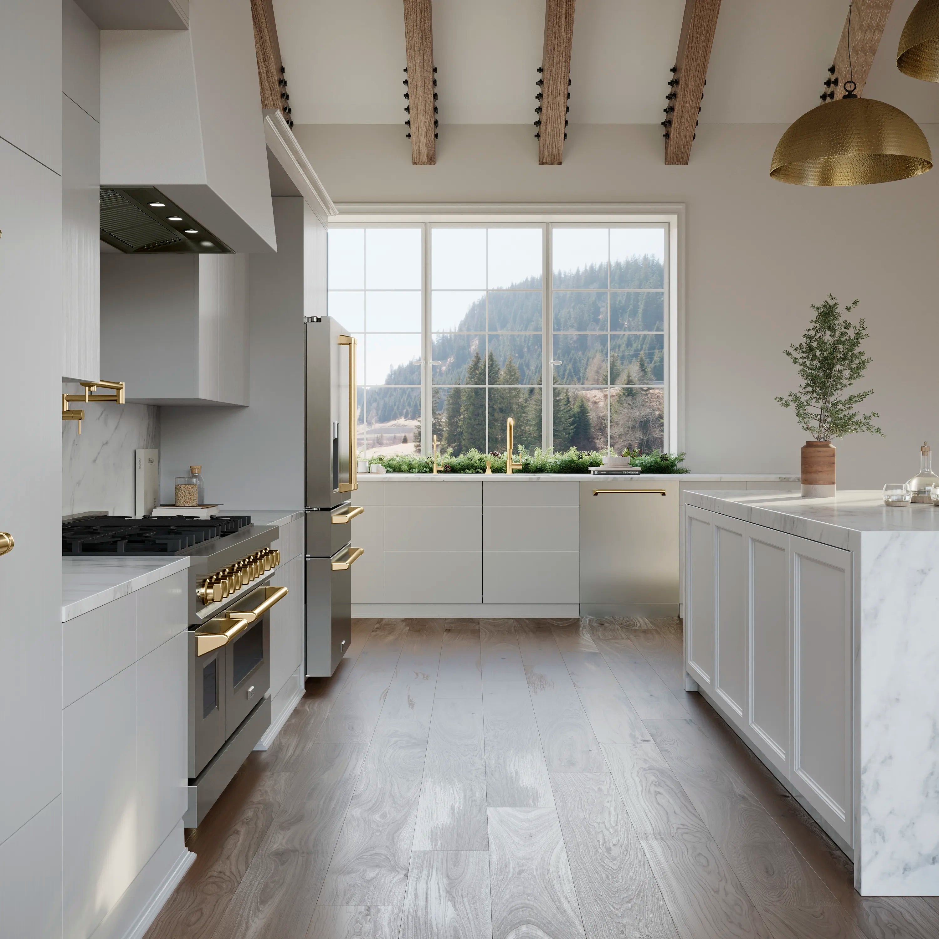 Stainless steel dishwasher with gold handle, built-in beside kitchen countertops